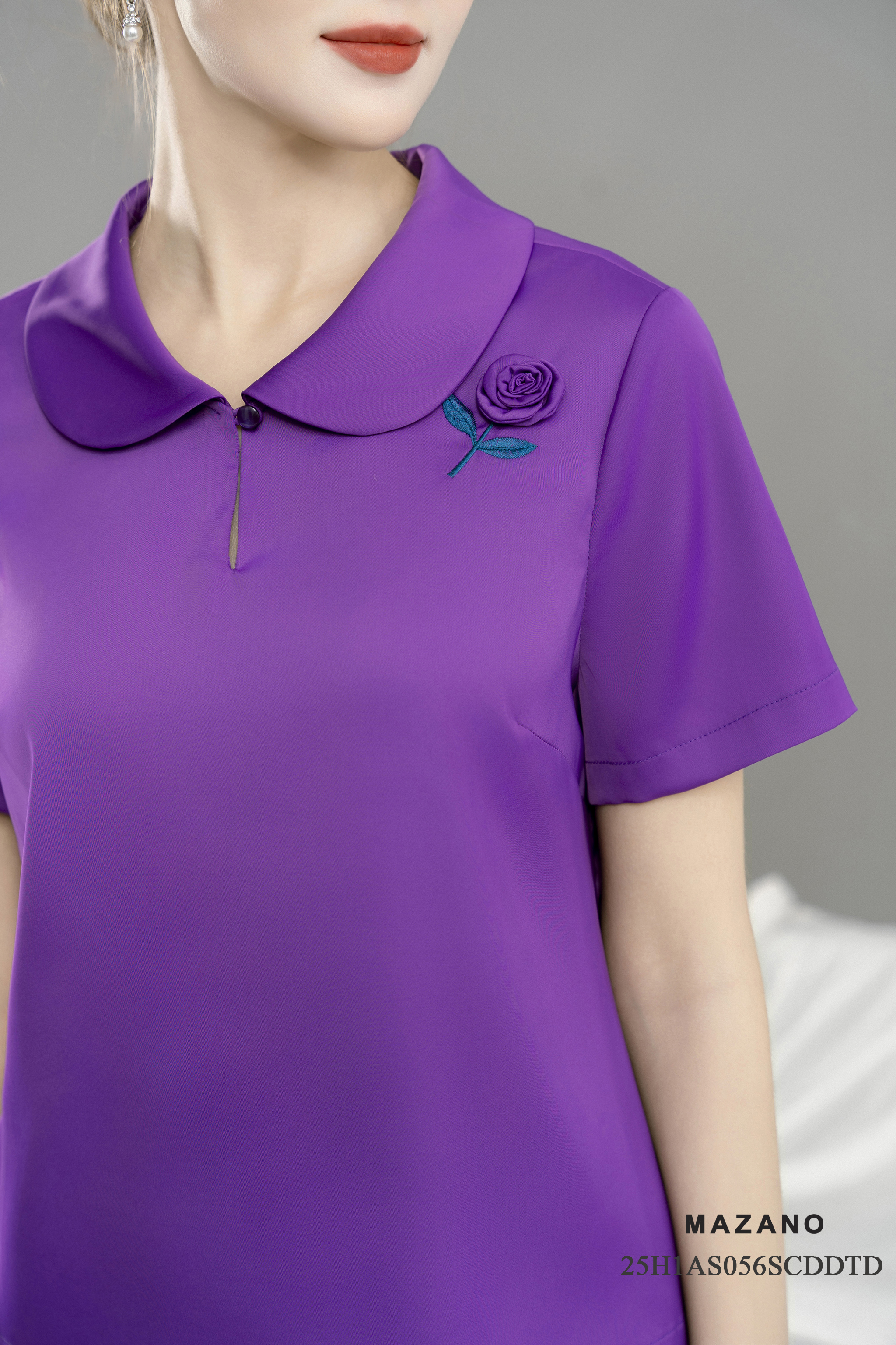 Áo suông Vải Tencel Đính hoa cuốn Cổ bẻ cách điệu Tay ngắn Dài áo qua eo_thumbnail_4