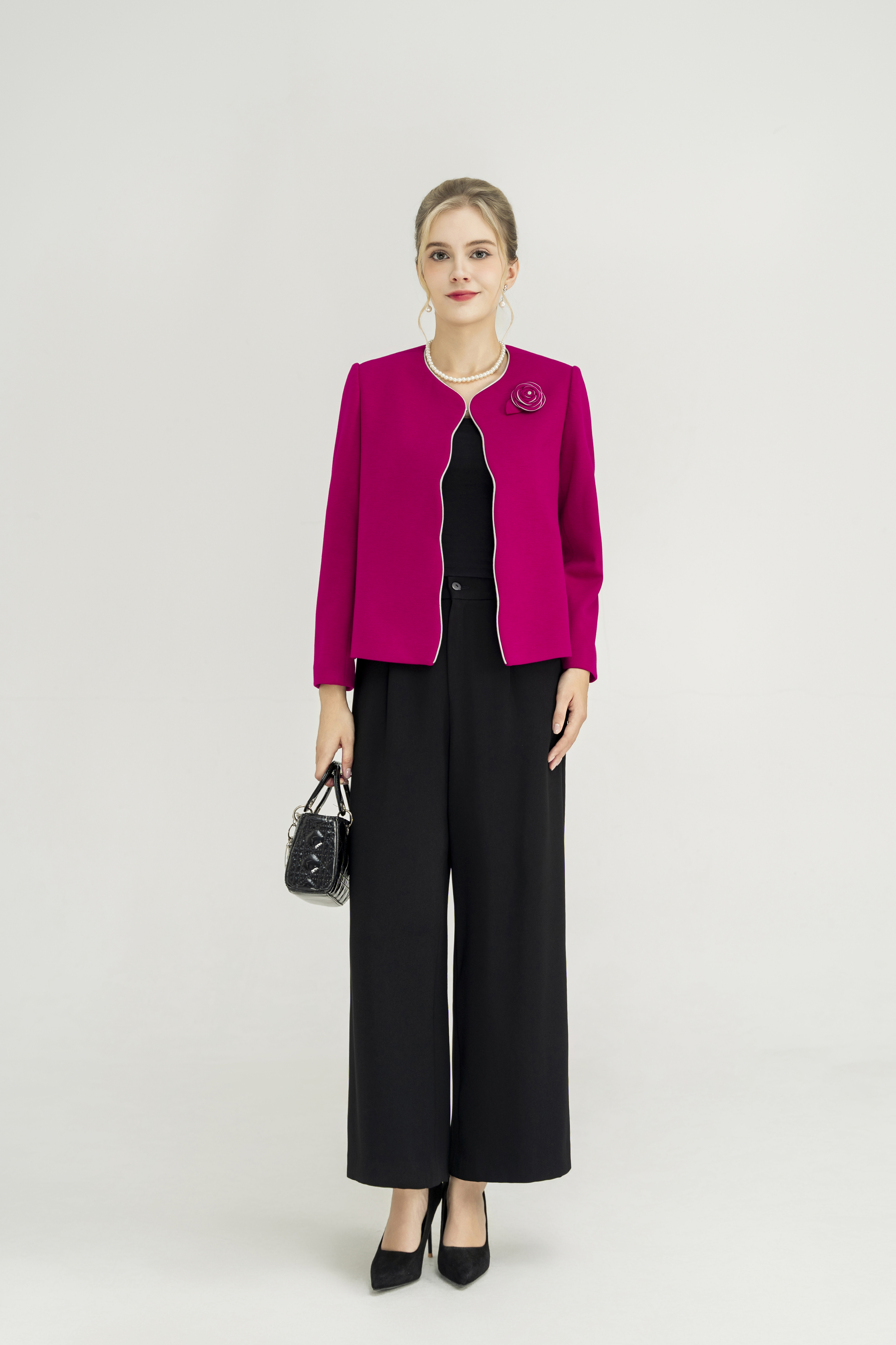 Áo khoác ngắn Vải dạ Đính hoa thủ công Cổ tròn Tay dài Dài qua eo_thumbnail_2