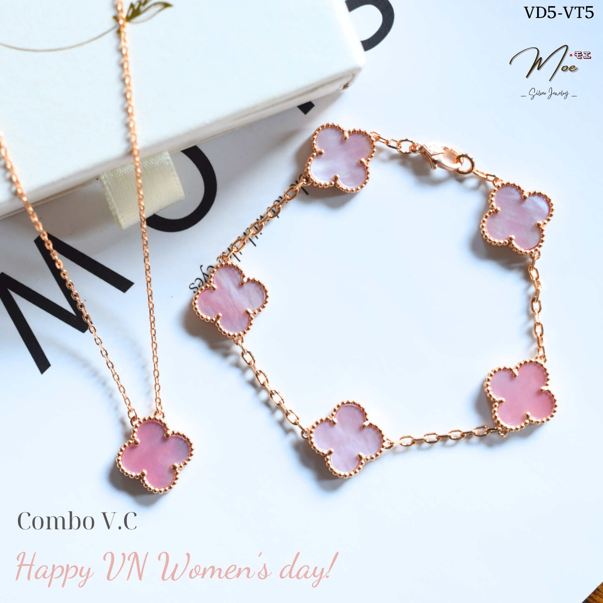 VD5 - VCA Dây chuyền hồng phớt 13mm xi vàng hồng