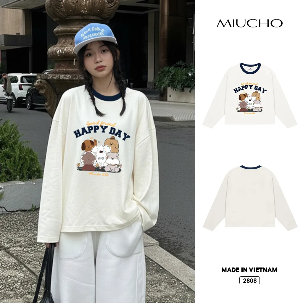 Áo thun form boxy unisex Miucho thoáng mát mềm mại thoải mái tay dài phối cổ gia đình cún 2808