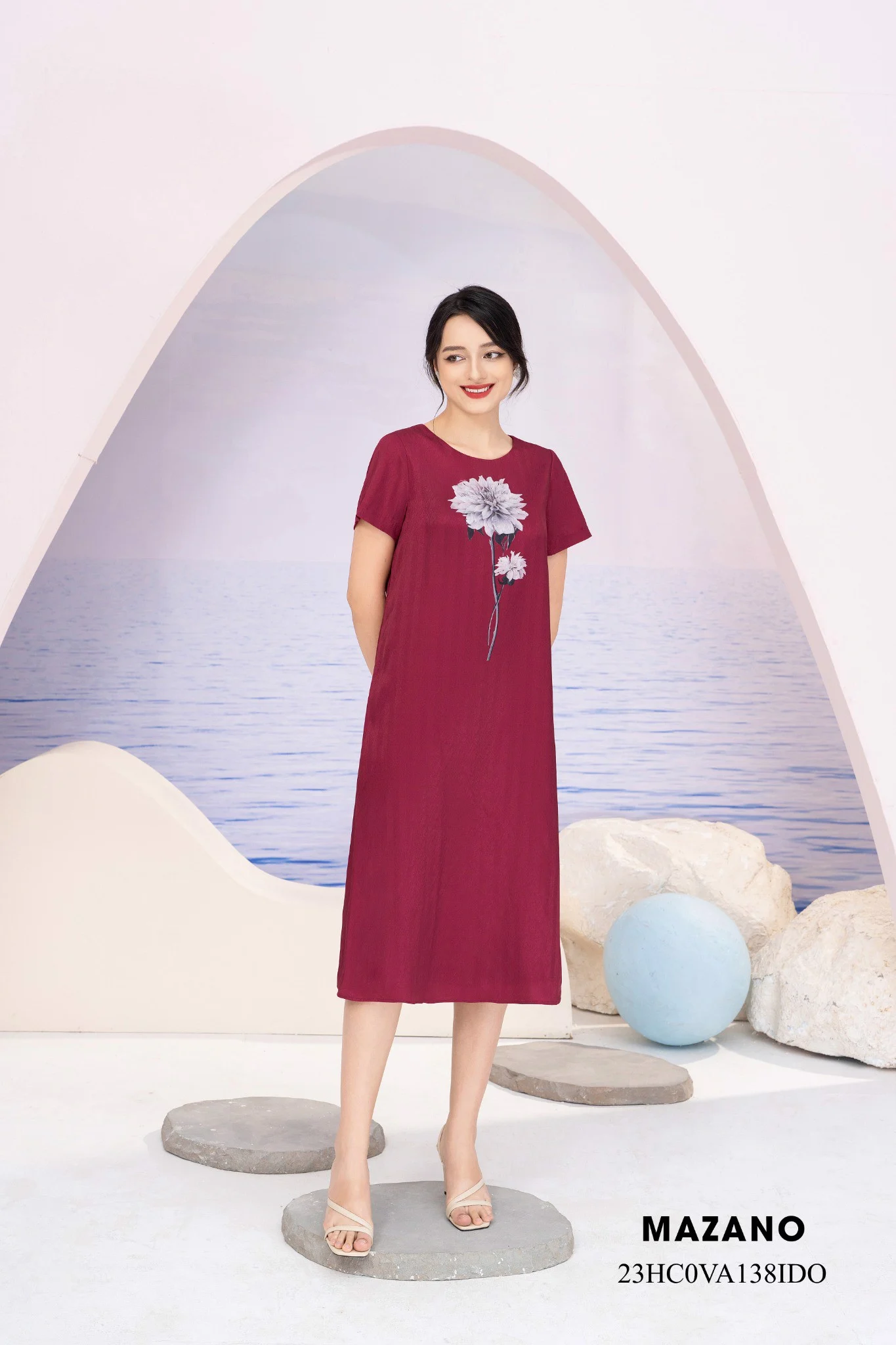 Váy Đầm suông A Vải lụa mỏng Hoạ tiết hoa bố cục Cổ tròn Tay ngắn Dài ngang bắp chân