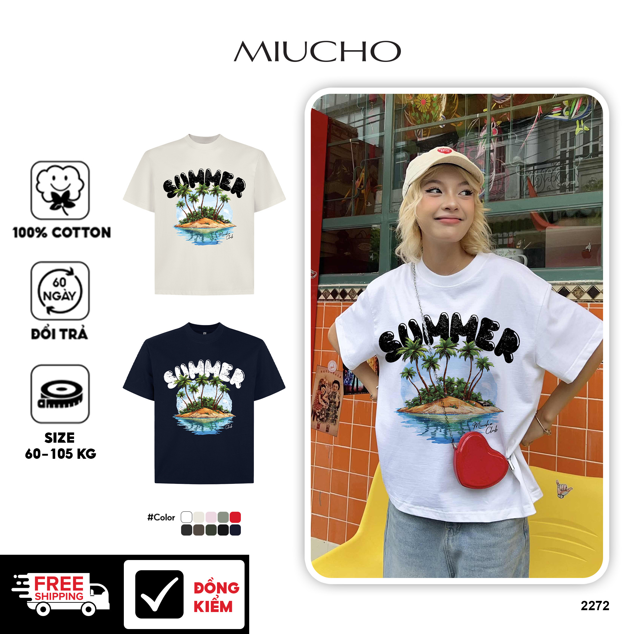 Áo thun boxy hè biển 2272 Miucho chất vải cotton 2 chiều cao cấp dày dặn đứng form in mix