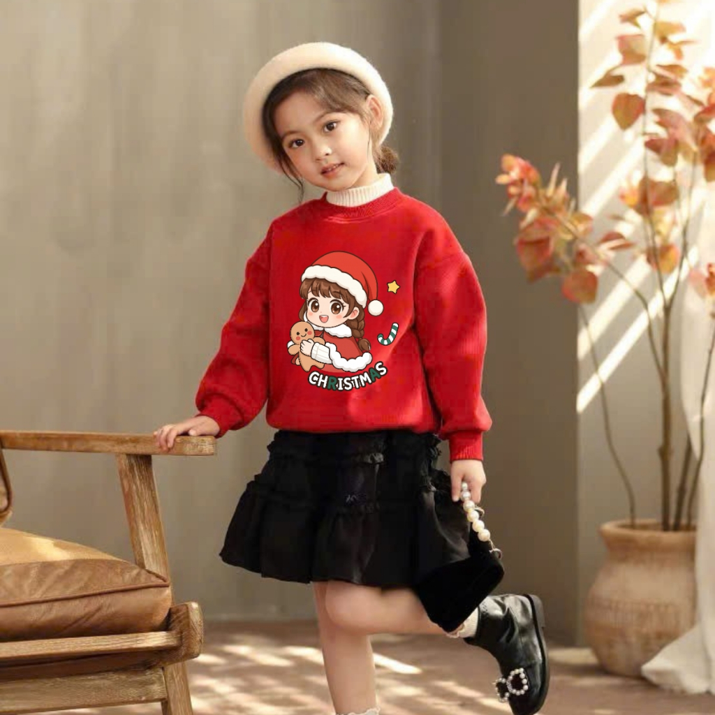 Áo nỉ sweater bé gái hình người tuyết, ông già Noel - Loza Kids IN018