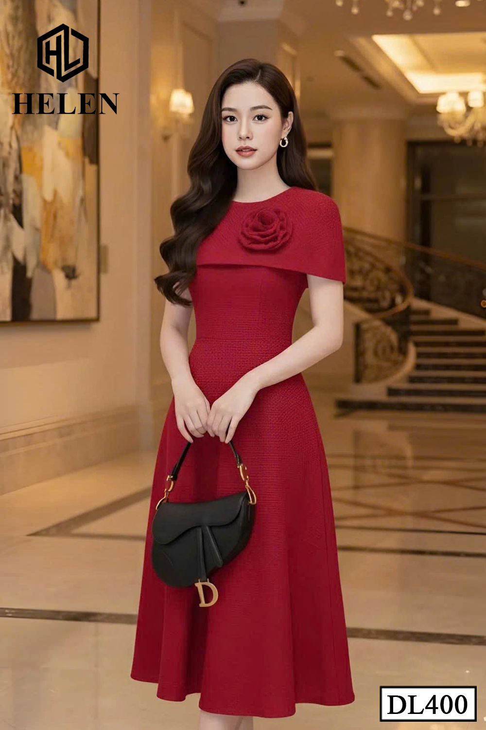 Đầm xòe đỏ cổ chùm vai DL400