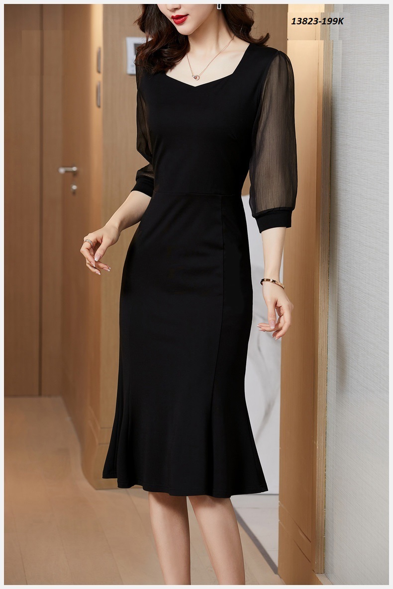 13823-Đầm suông đuôi cá phối tay voan ( cát nhật, voan ) FREESHIIP_thumbnail_0