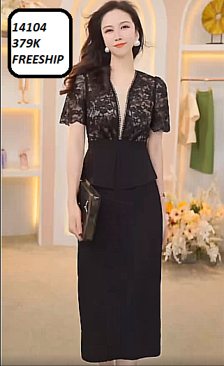 14104-Đầm body tay ngắn phối ren kiểu peplum(thun cát+ ren)FREESHIP_thumbnail_1