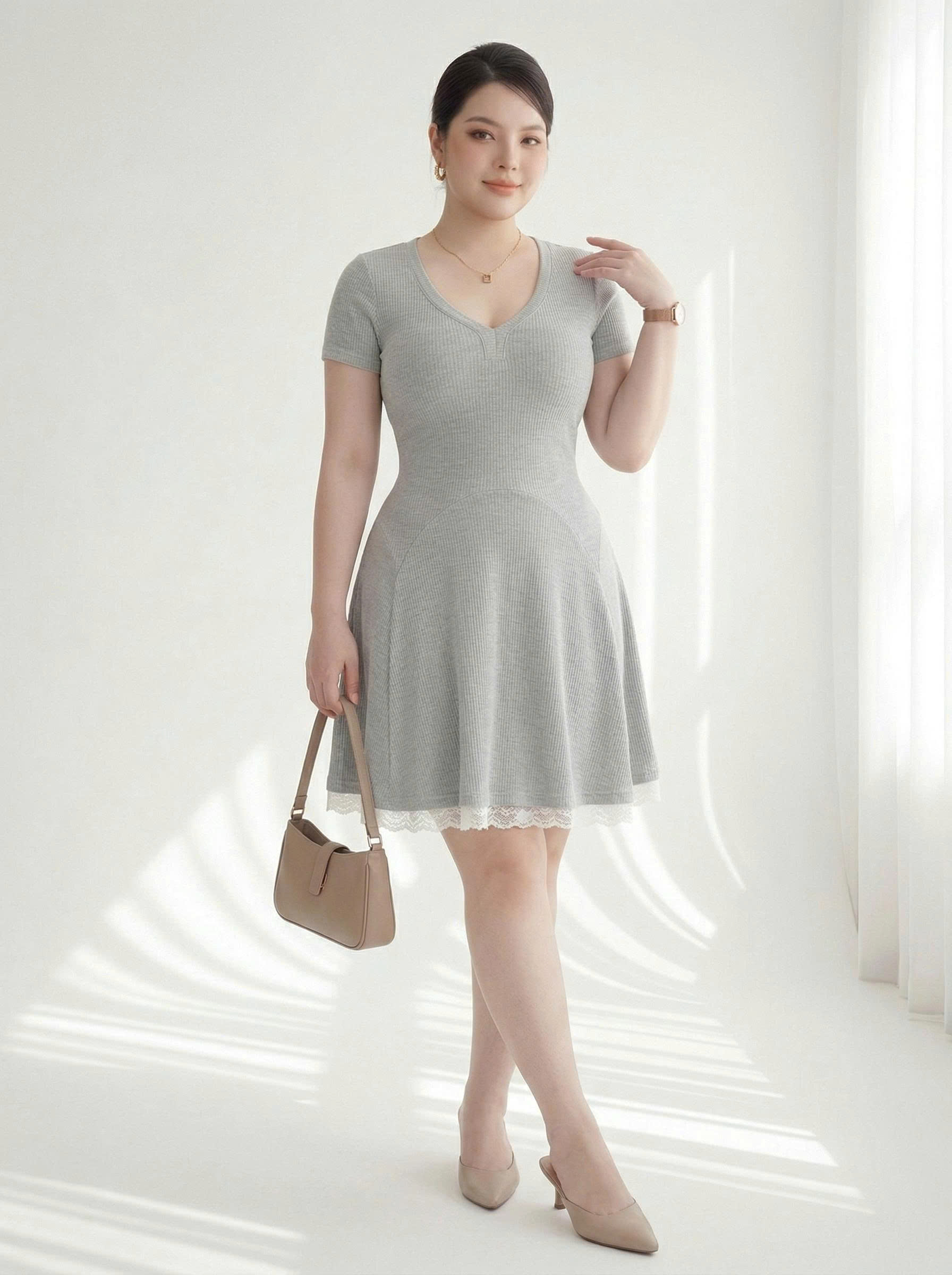 Đầm thun dáng A xòe phối ren bigsize DA161 dành cho nàng béo mập từ 55-95kg