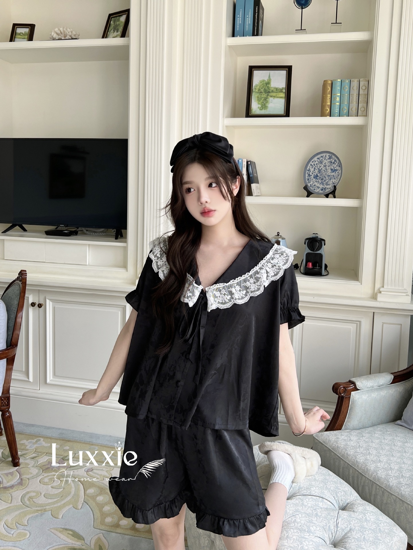 N108C Pijama lụa gấm hoa cổ ren trắng buộc nơ cộc đùi_thumbnail_11