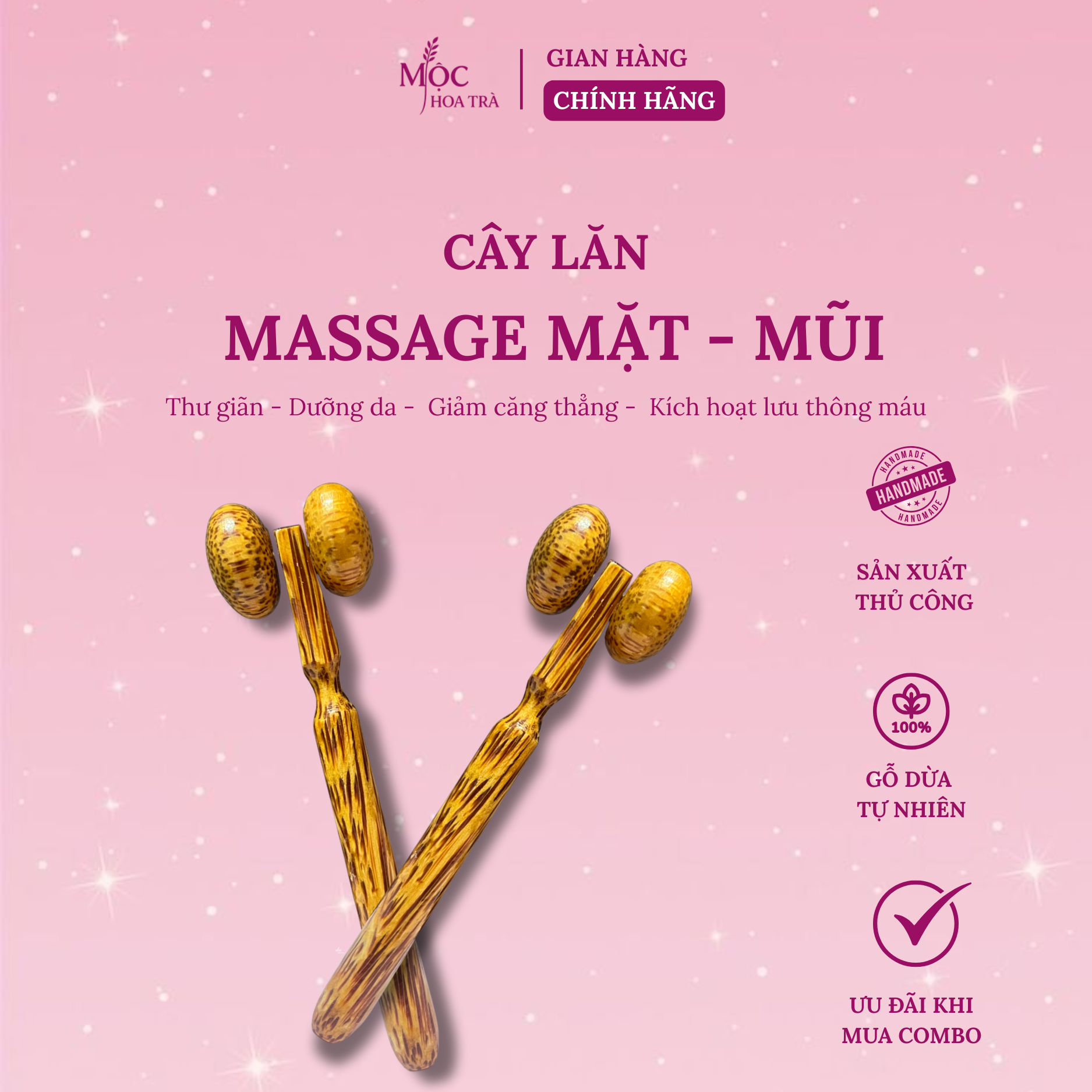Cây Lăn Massage Mặt Gỗ Dừa Thủ công– Thư Giãn, Dưỡng da, Thon Gọn Gương Mặt, Giảm Căng Thẳng - Chăm Sóc Da Mặt Tại Nhà