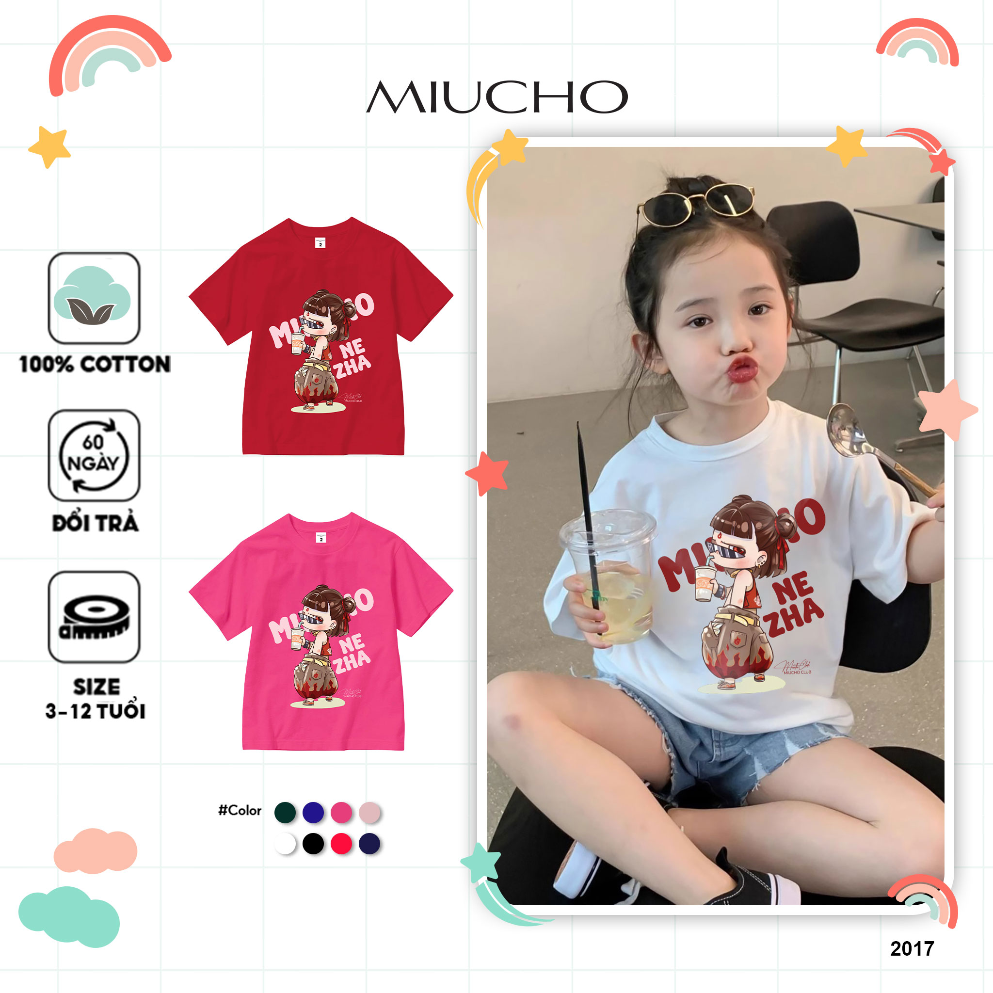 Áo thun bé gái Natra dễ thương 2017 Miucho Kid cổ tròn vải cotton co giãn thoáng mát in mix