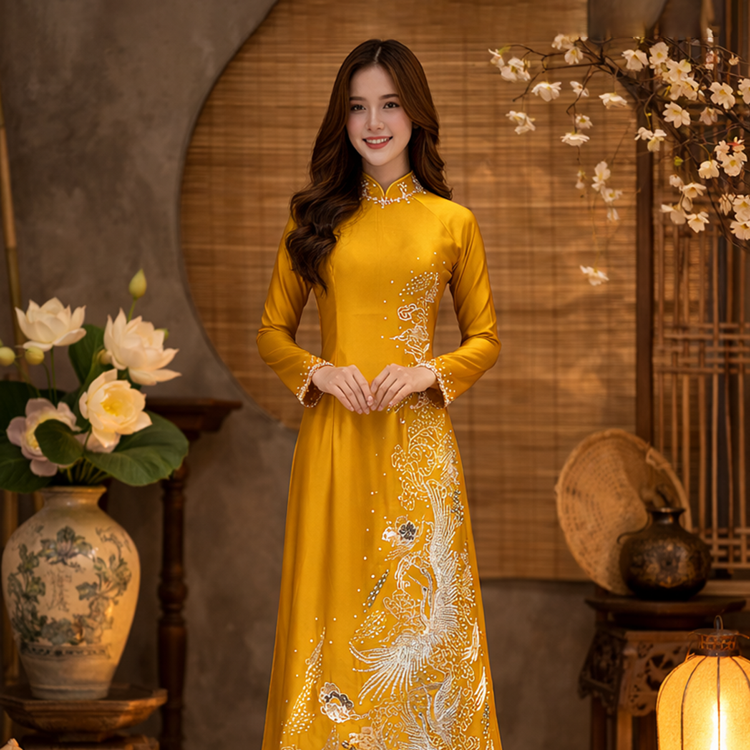 Áo Dài Bà Sui Màu Vàng Thêu Phượng Vũ Sang Trọng Cho Mẹ Dâu Rể AM26-10