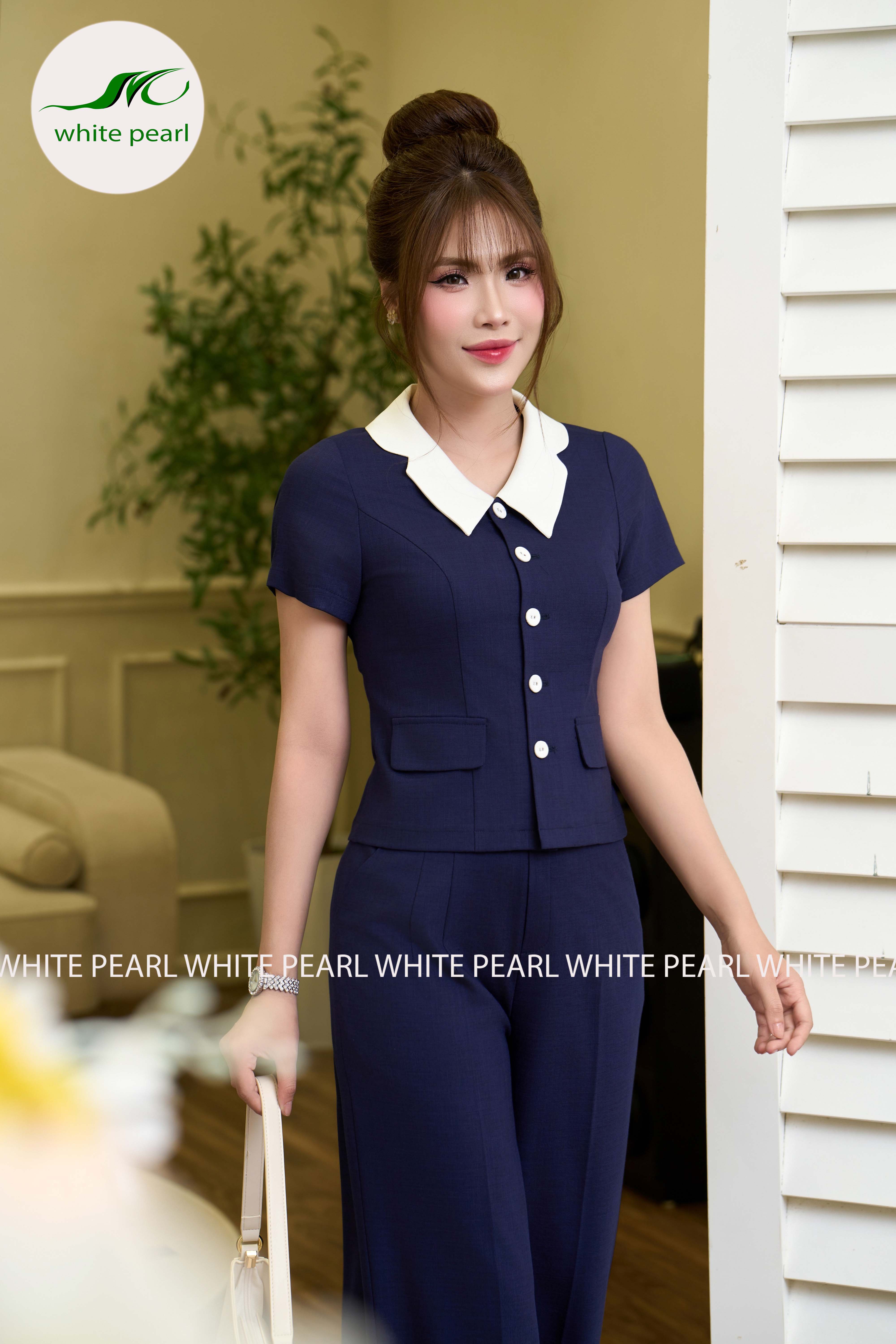 SET ký giả màu xanh than cổ pha trắng thời trang công sở White Pearl