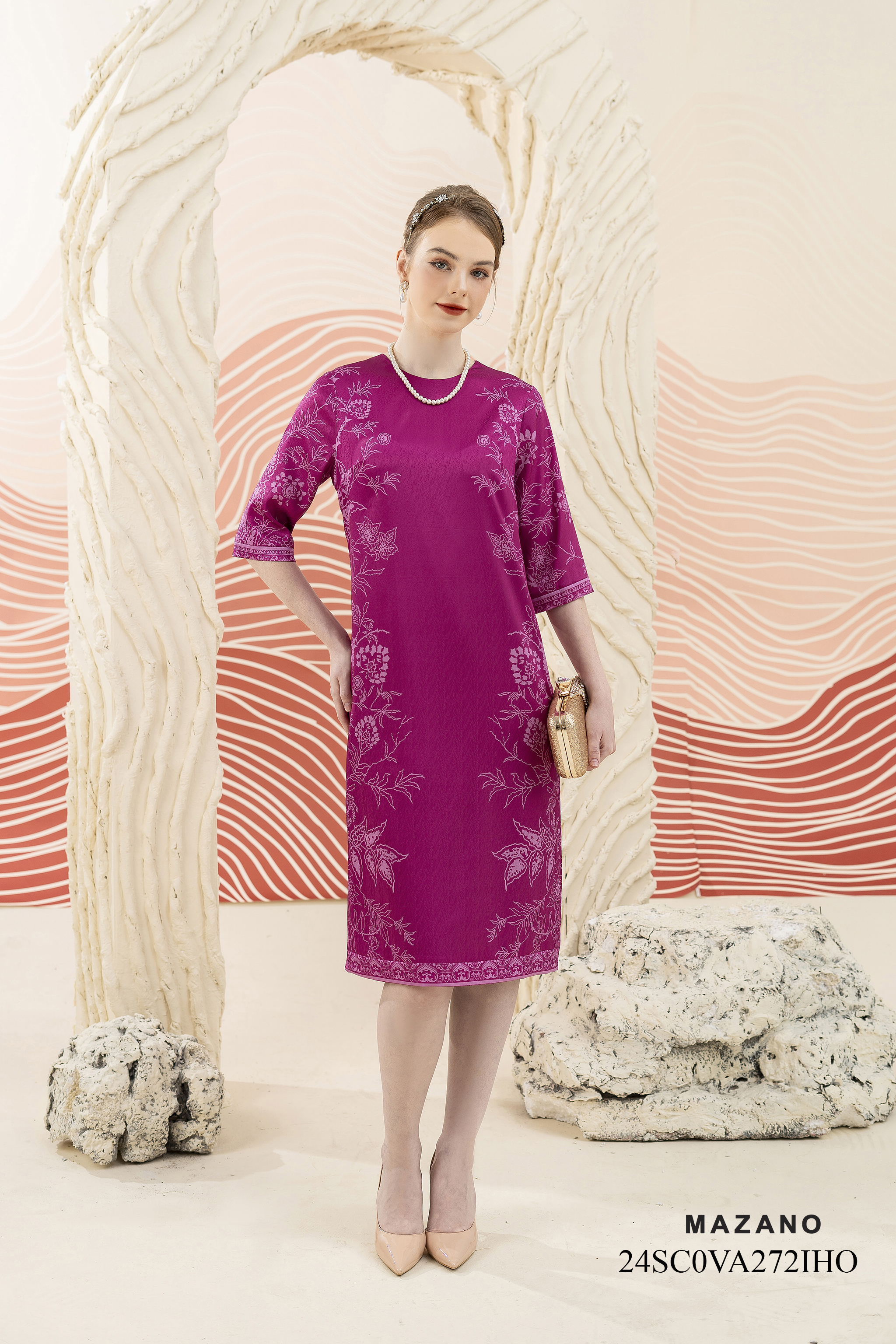 Váy Đầm suông Vải thô Hoạ tiết cách điệu Cổ tròn Tay lỡ Dài đến bắp chân