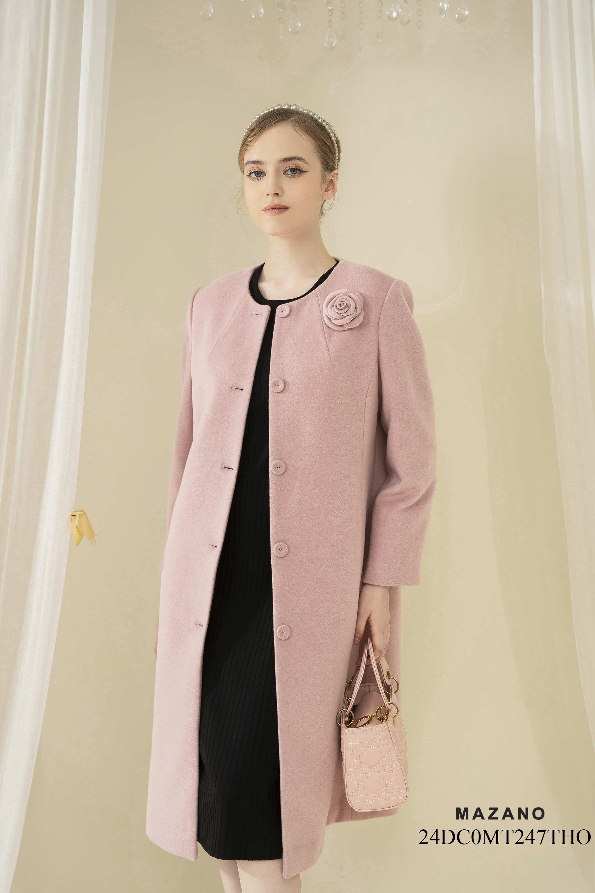 Áo dạ măng tô Suông Vải dạ lông cừu Đính hoa thủ công Cổ tròn Dài dưới eo_thumbnail_3