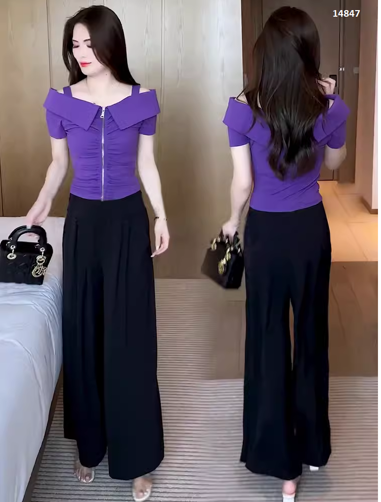 14847-Set bộ áo thun bẹt vai kèm quần suông ( áo thun mịn, quần lụa đũi)_thumbnail_2