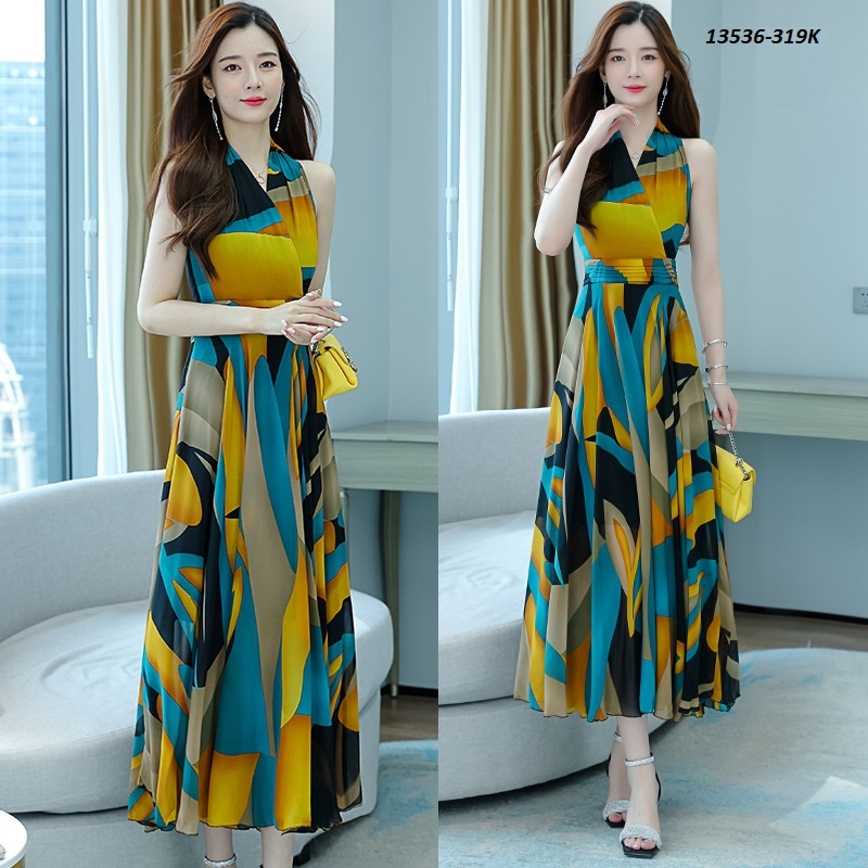 13536-Đầm maxi sát nách cổ  đắp chéo in họa tiết  sắc màu(voan; khóa hông )_thumbnail_3