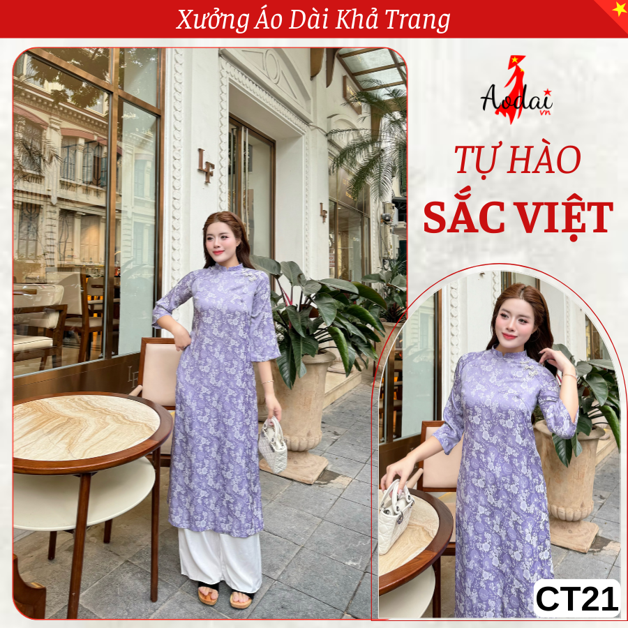 CT21 Áo Dài Cách Tân Gấm Dáng Suông màu Tím cà Cổ Cao 2cm Tay Lỡ