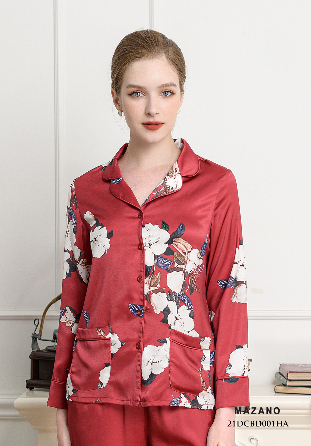 Bộ đồ Pijama dài tay lụa đỏ hoạ tiết hoa