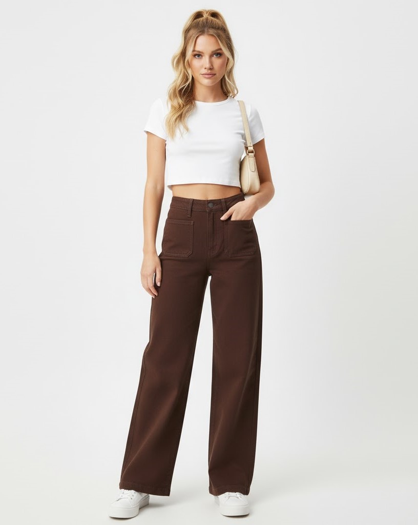 QJ545 - Jeans ống rộng nâu