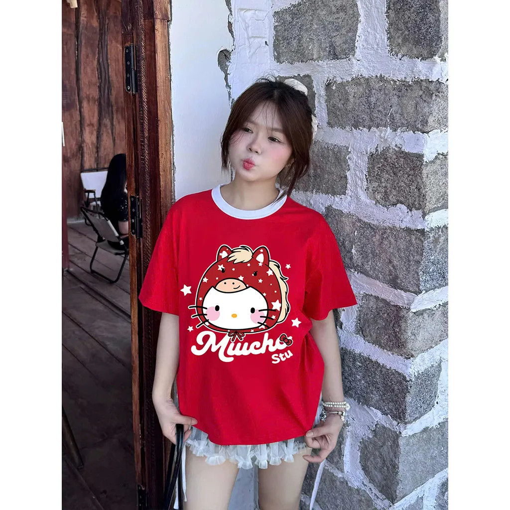 Áo thun nữ form boxy Tết Miucho thoáng mát tôn dáng Kitty phối cổ mix màu 2968_thumbnail_4