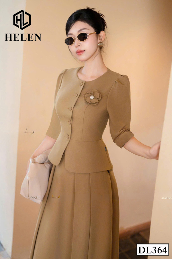 Đầm xòe pelum nâu giả set đính cúc ngực DL364