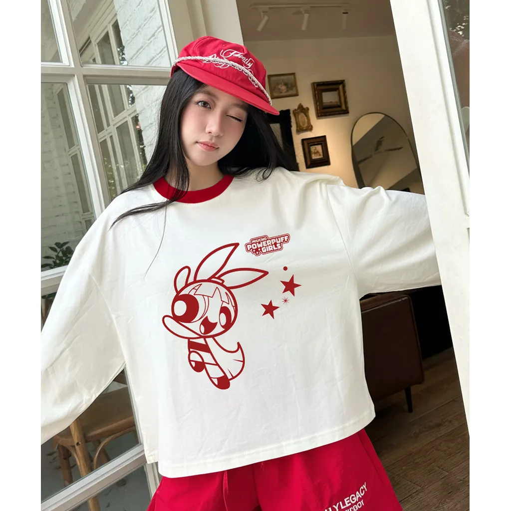 Áo thun boxy tay dài Miucho chất vải thoáng mát giữ form Powerpuff Girl be phối đỏ 2816_thumbnail_6