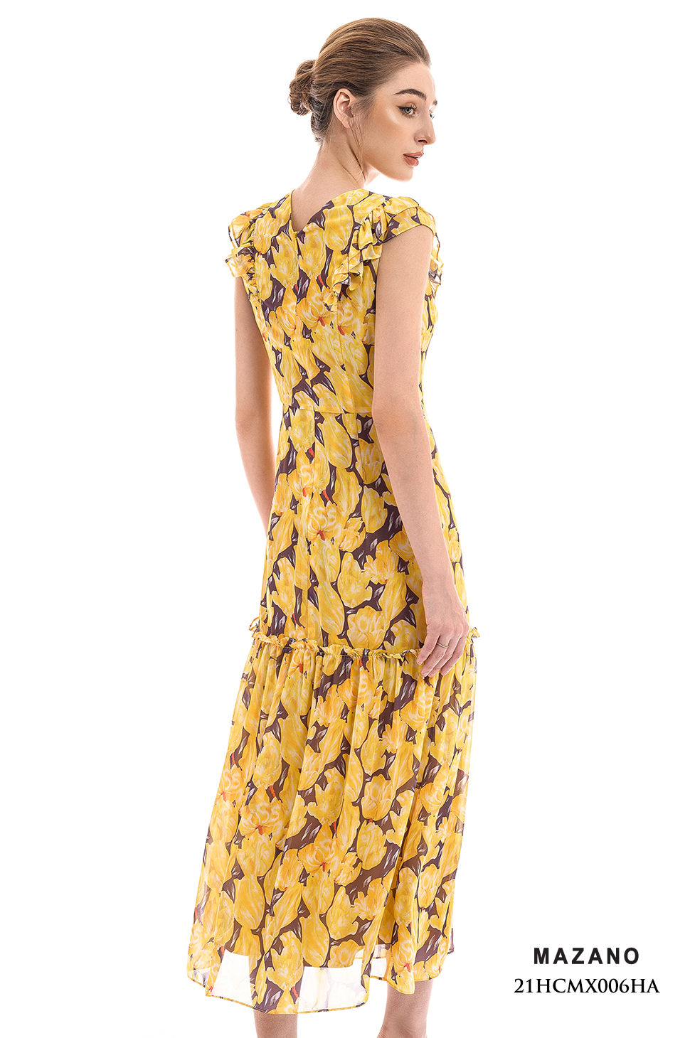 Đầm Maxi vải voan màu vàng in hoạ tiết hiện đại_thumbnail_2