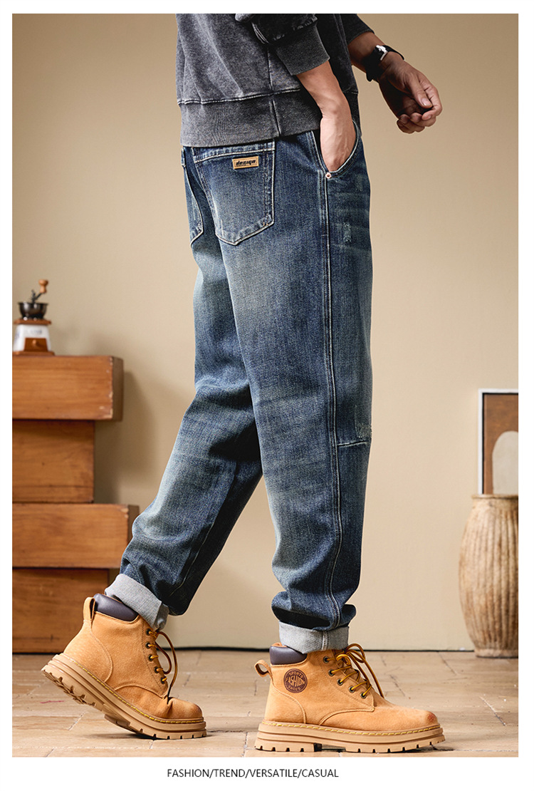 Mỹ Dạo Phố Cao Cấp Quần Jean Nam Thu Đông Mới Chân Thẳng Rời Rủ Ống Rộng Nam Retro Dài Quần_thumbnail_4