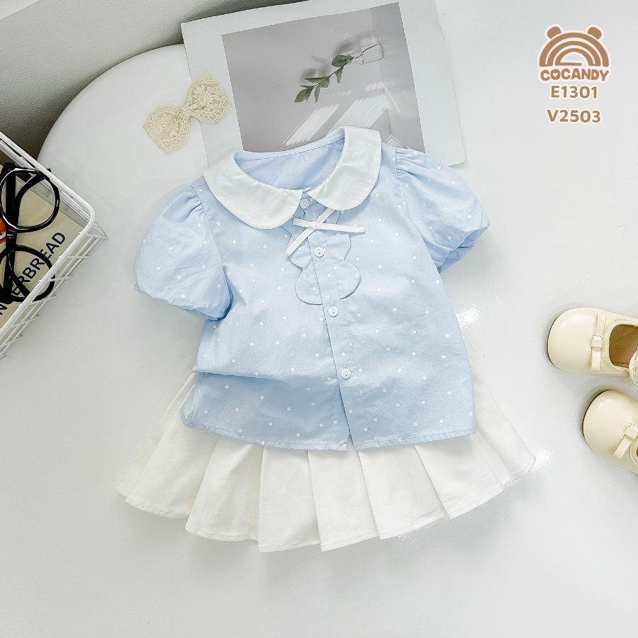 Áo cộc sơ mi XANH chấm bi sóng ngực