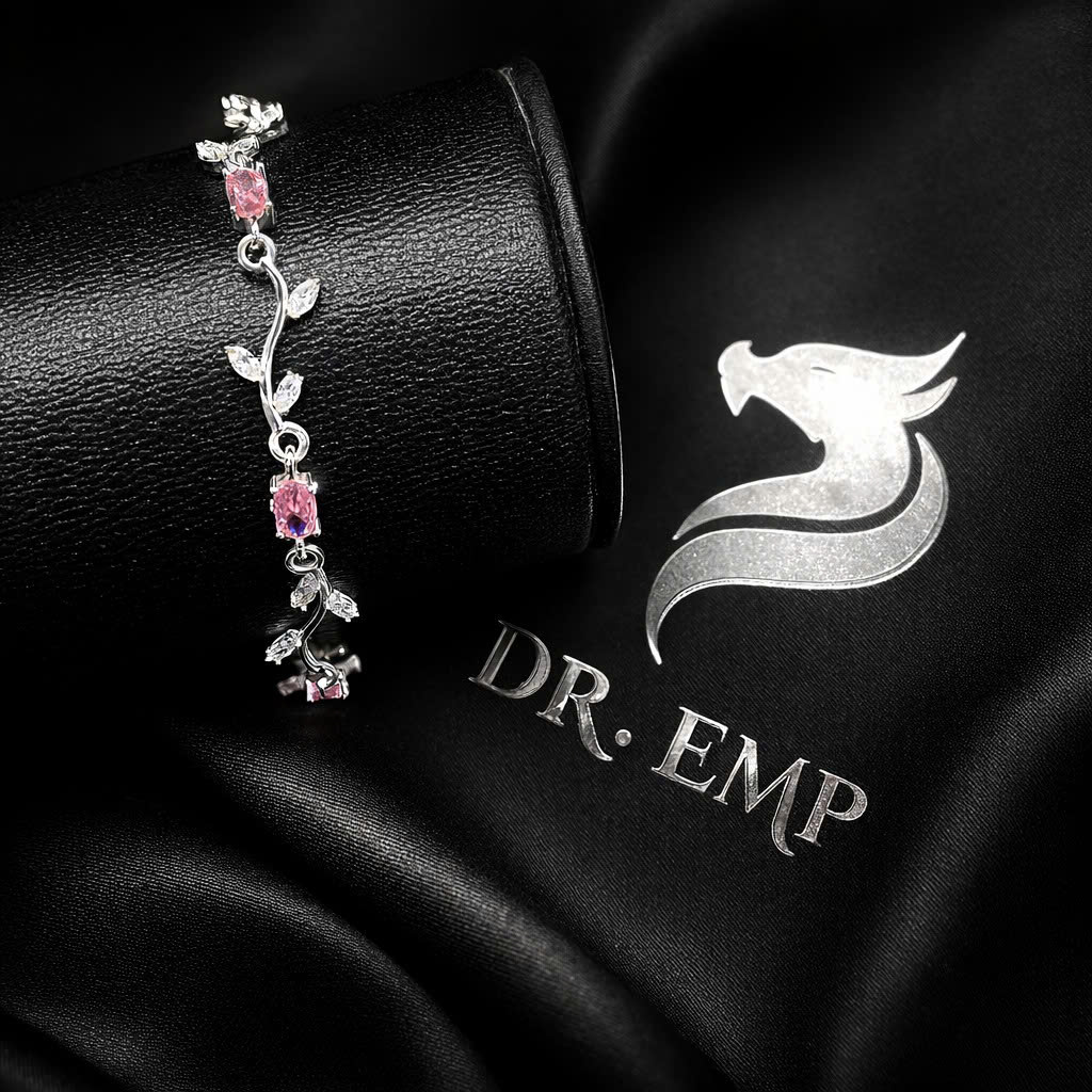 Vòng tay bạc xi kim hoa tulip kim cương đá hồng