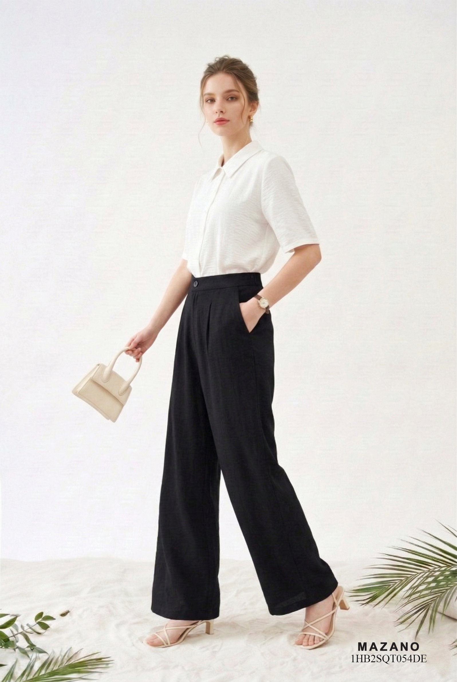 Quần vải thô pha linen đen dáng suông đứng thiết kế MAZANO