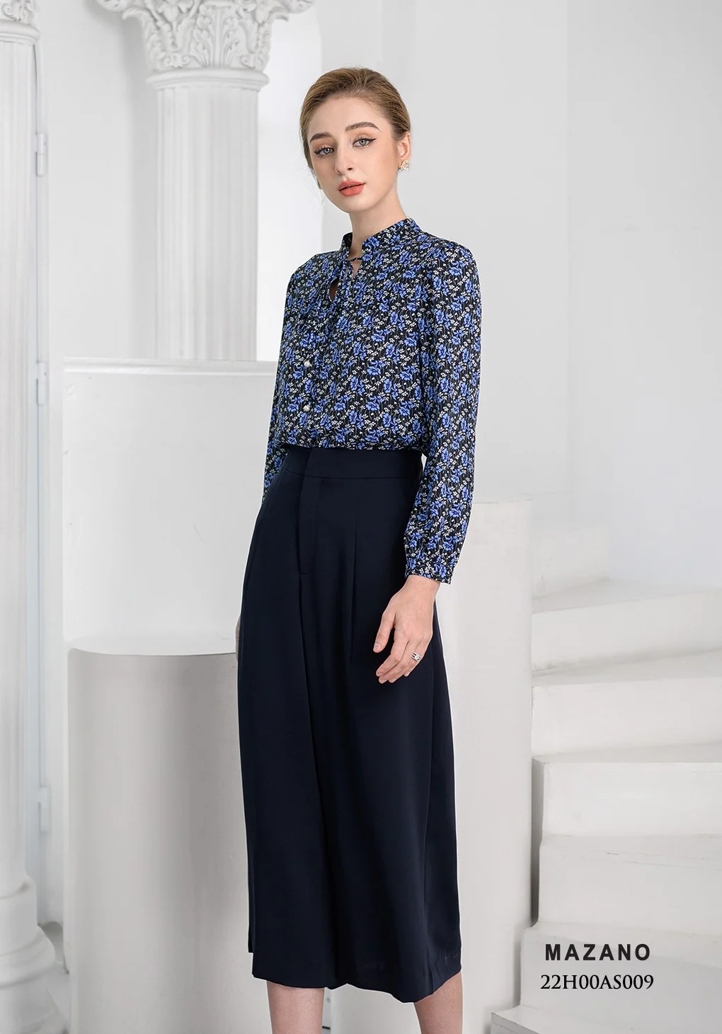 Áo sơ mi họa tiết cổ tàu thắt nơ trang trí_thumbnail_1