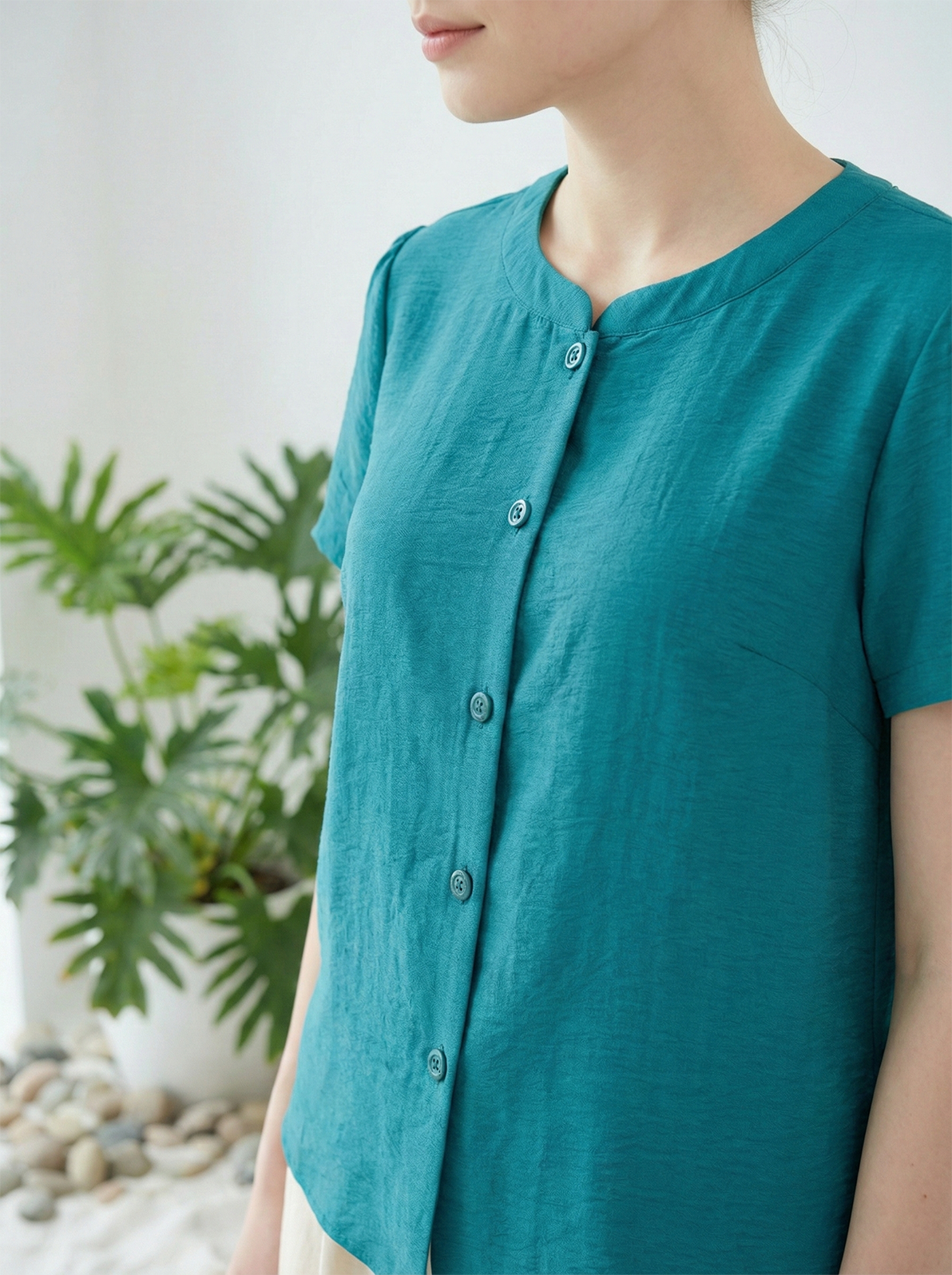 Áo sơ mi vải linen dáng suông cài khuy cổ tàu tay ngắn thiết kế MAZANO_thumbnail_4