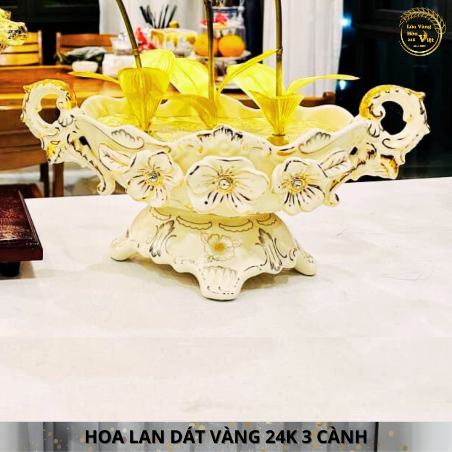 HOA LAN ĐỒNG MẠ VÀNG 24K CHẬU GỐM TRẮNG 3 CÀNH_thumbnail_3