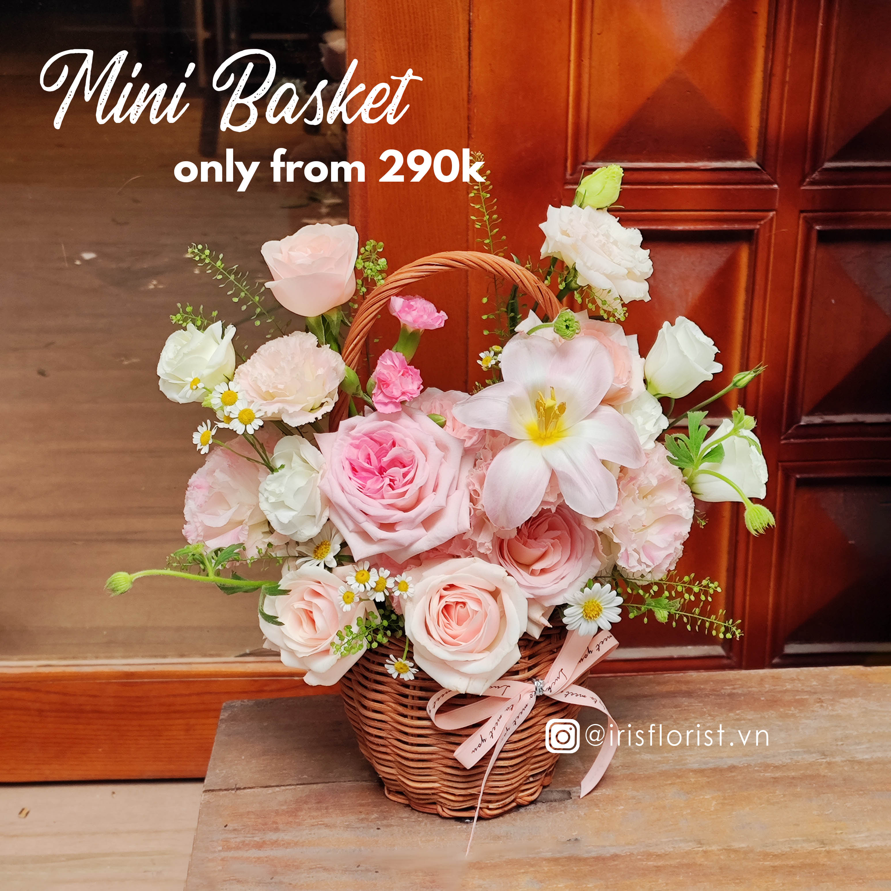 Giỏ mây nhỏ tone hồng mix tulip - Size S