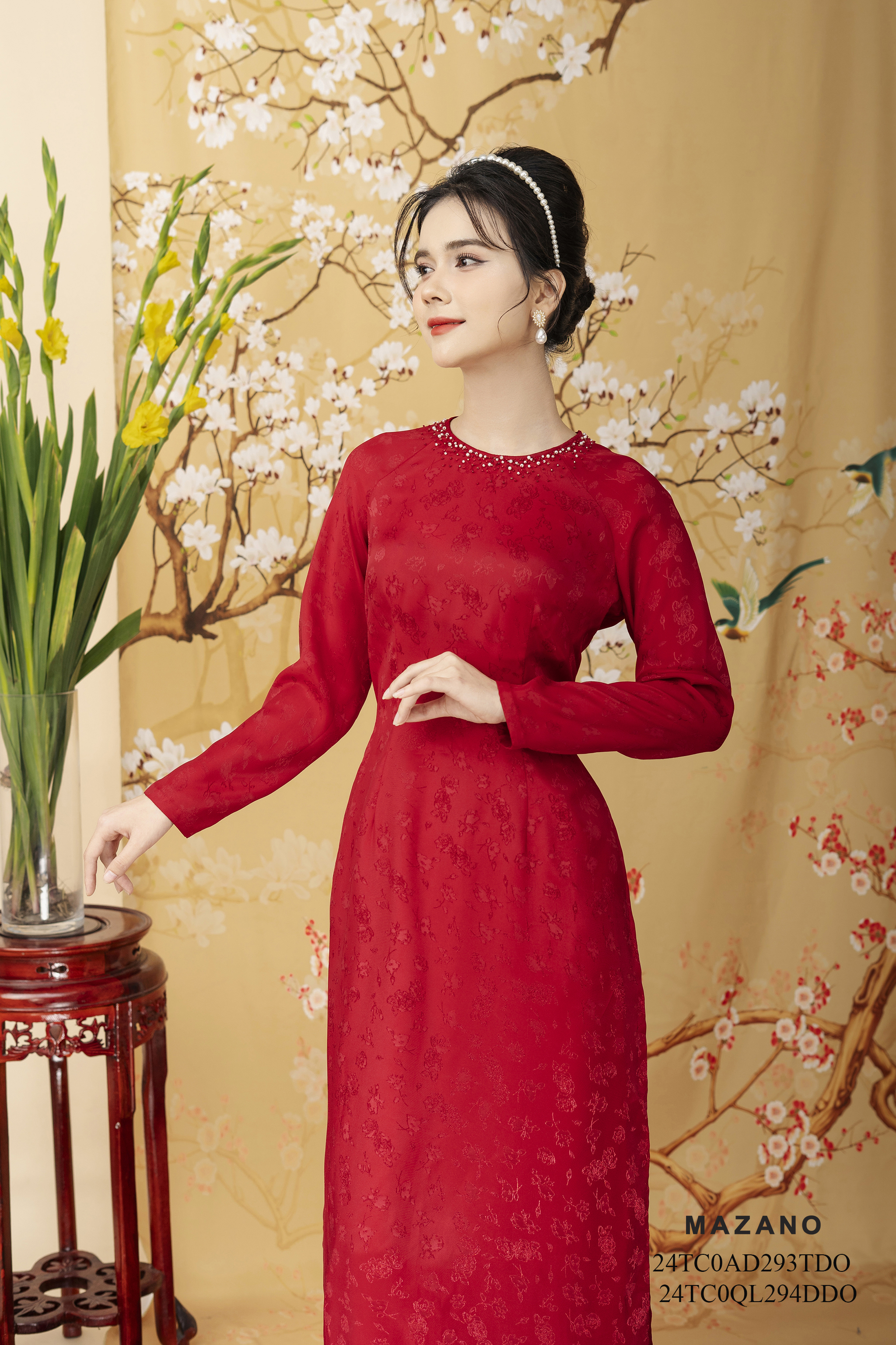 Quần áo dài suông Cạp cao Vải Lụa Dài qua mắt cá chân - Mã mẫu 24TC0QL294DDO - mã áo dài 24TC0AD293TDO