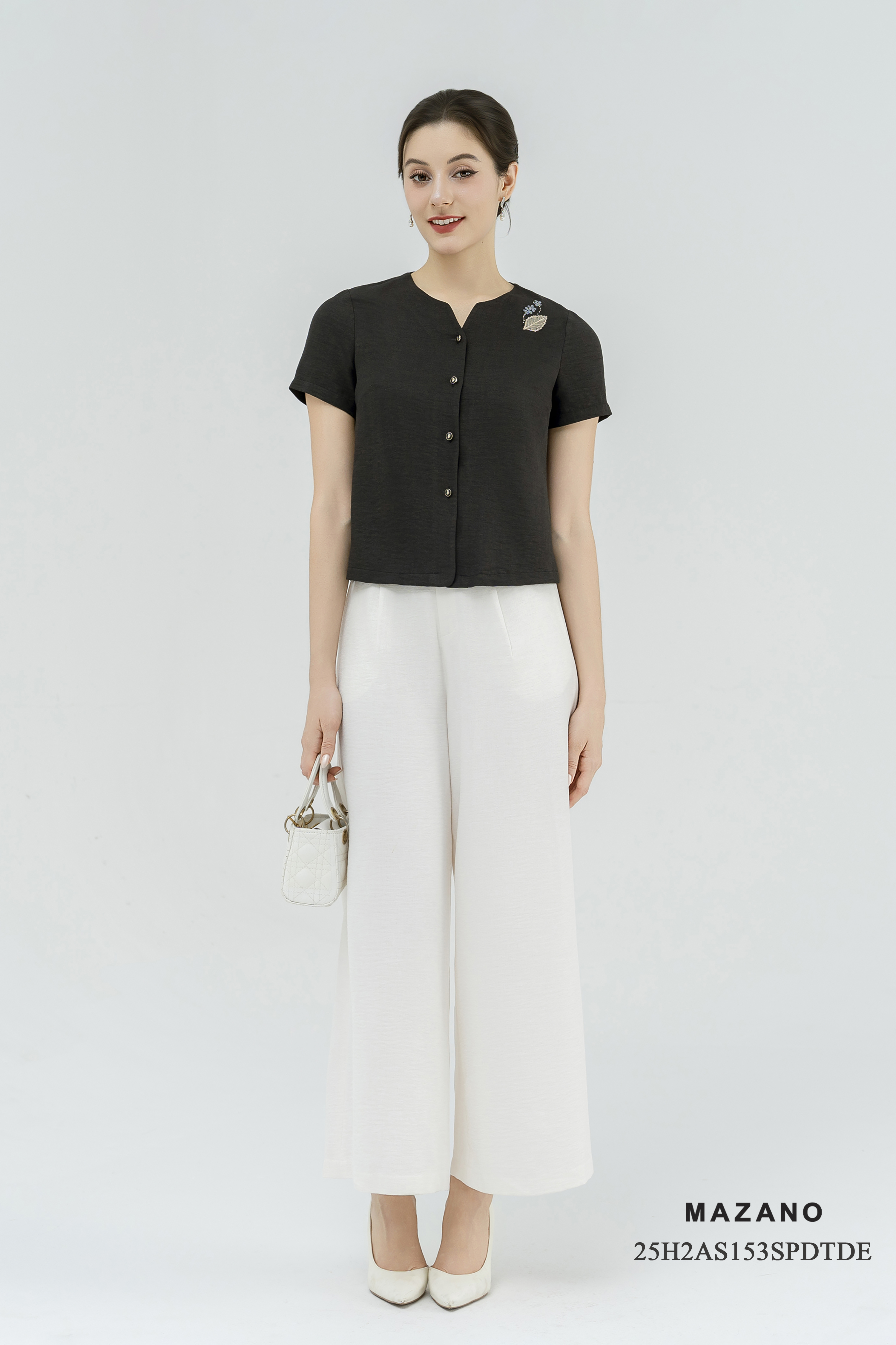 Áo suông cài khuy Vải linen màu đen không Cổ Tay ngắn Dài áo qua eo