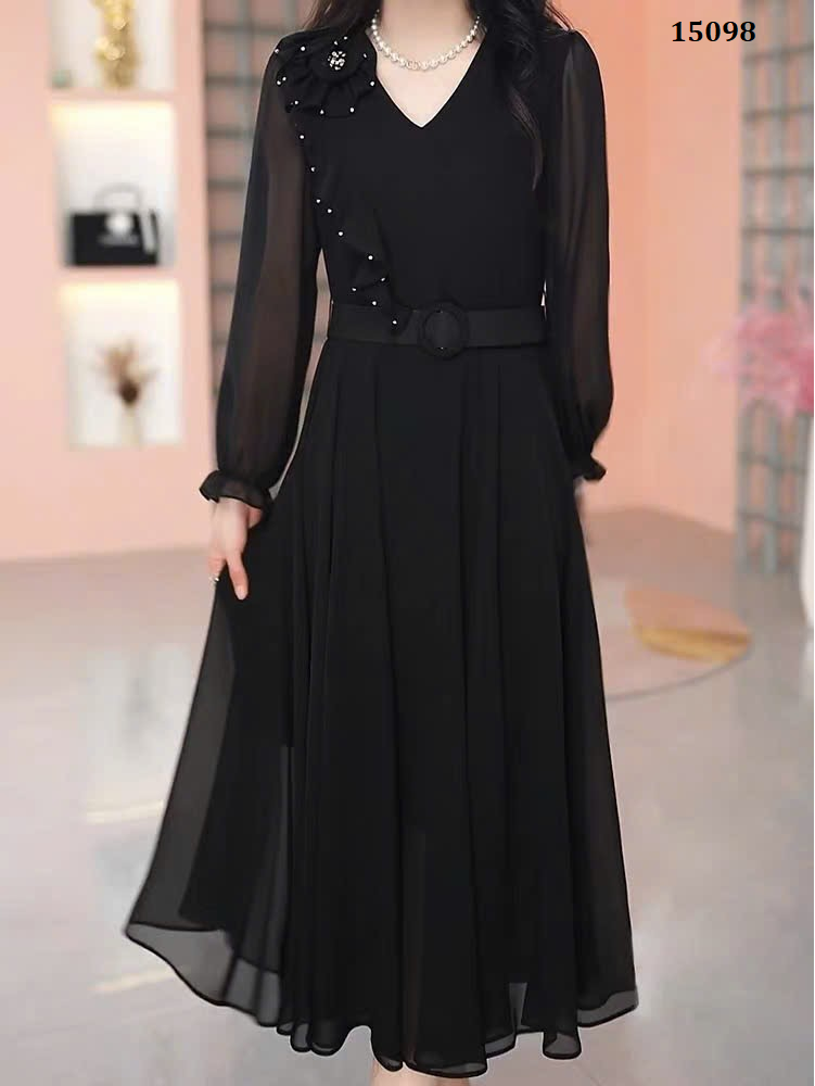 15098-Đầm  voan đen tay dài viền bèo vai kèm dây thắt eo (voan, lót)_thumbnail_0