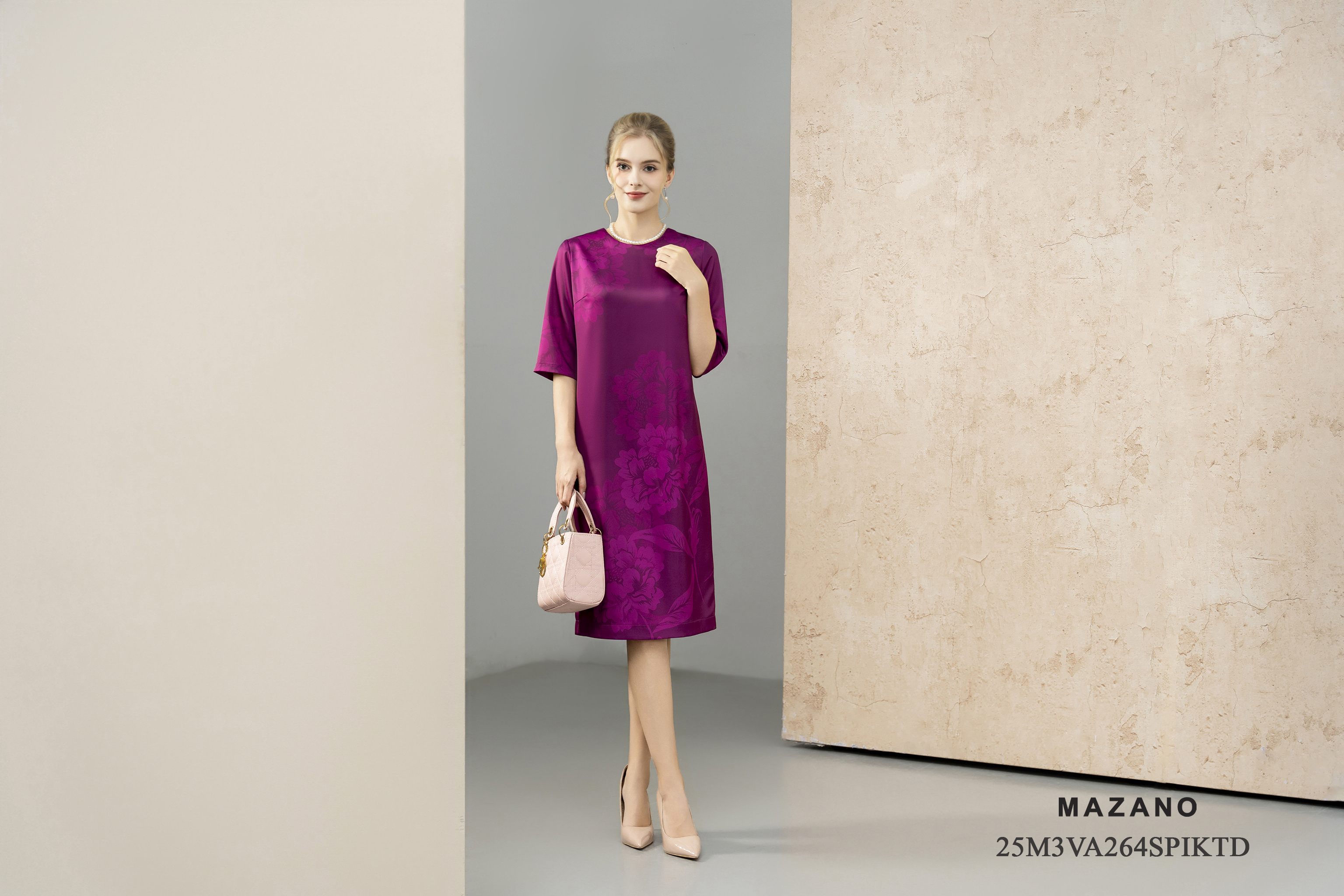 Váy Đầm Suông Vải thô dày Hoạ tiết  in chìm Cổ tròn Tay lỡ Dài đến bắp chân