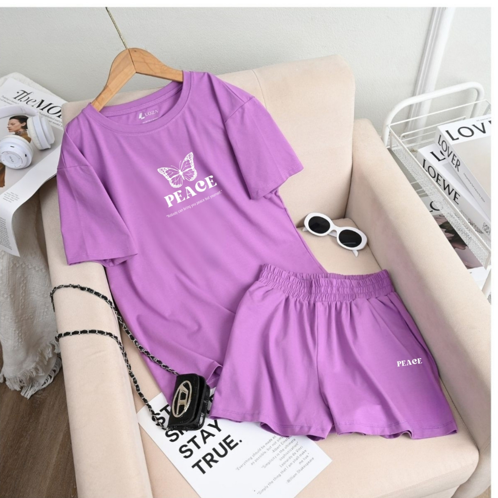 [Form rộng] Set đồ nữ hình màu tím chất cotton - Đồ bộ nữ thời trang (áo phông + quần đùi cotton) - LOZA G0283_thumbnail_2