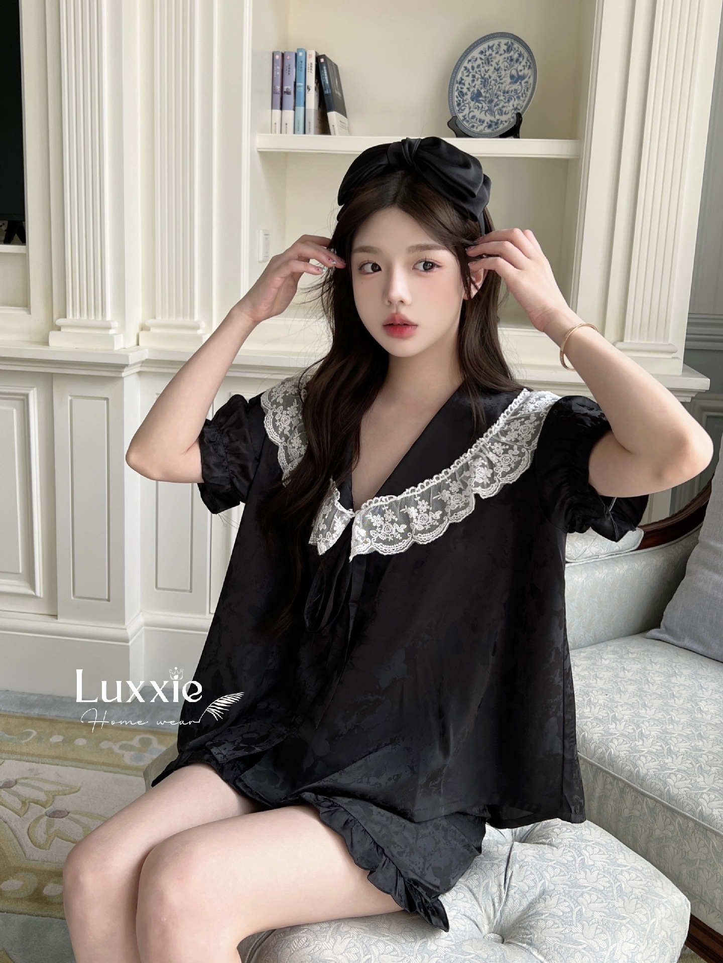 N108C Pijama lụa gấm hoa cổ ren trắng buộc nơ cộc đùi_thumbnail_10
