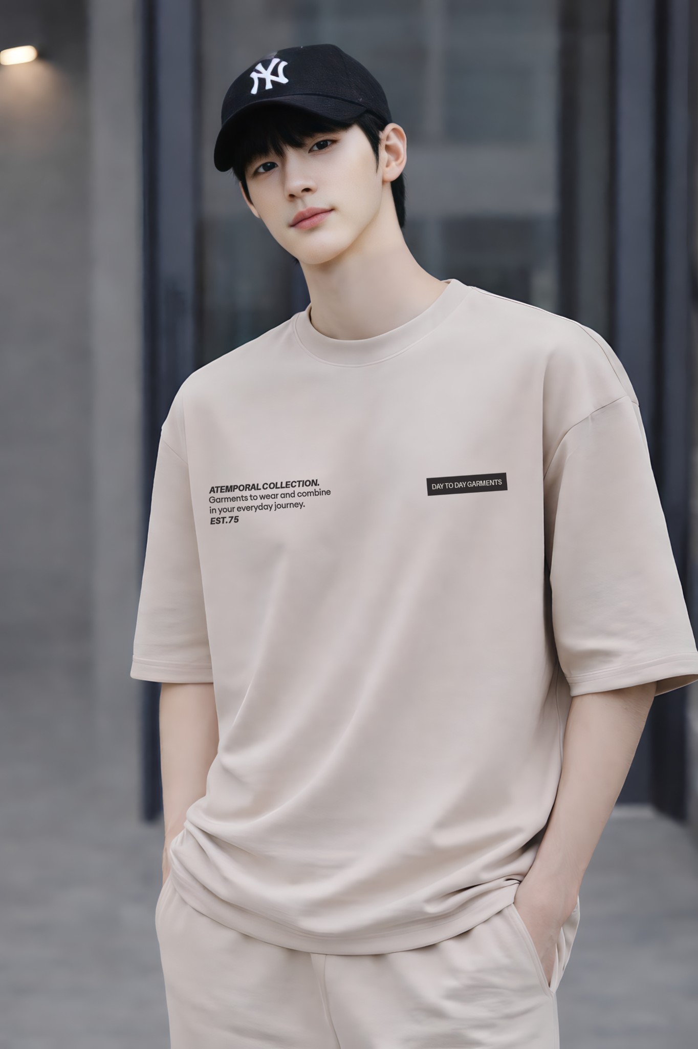 Áo phông bé trai dáng rộng màu be in hình