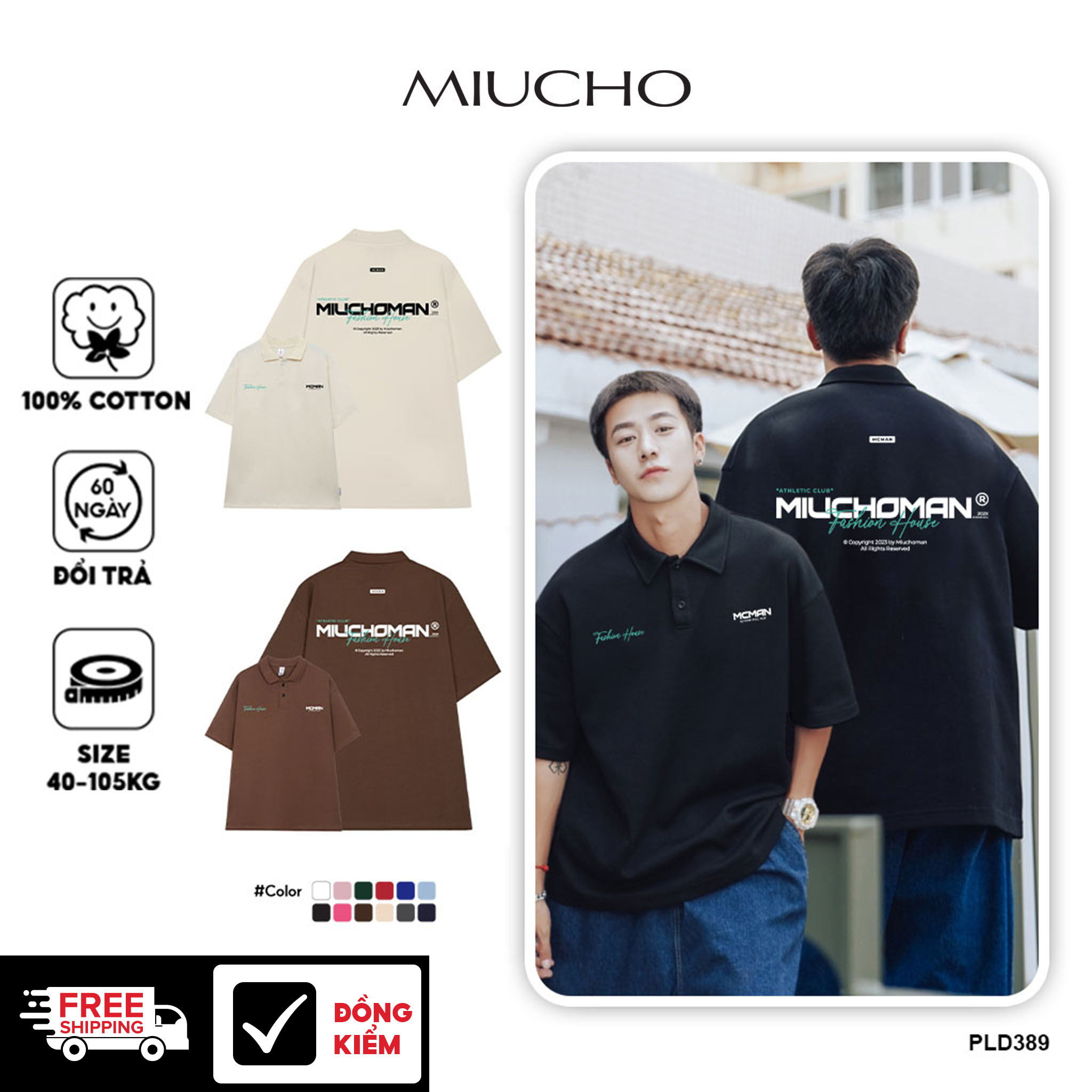 Polo nam đứng form tôn dáng PLD389 Miucho Man tay ngắn vải cotton Cổ trụ in basic_thumbnail_1
