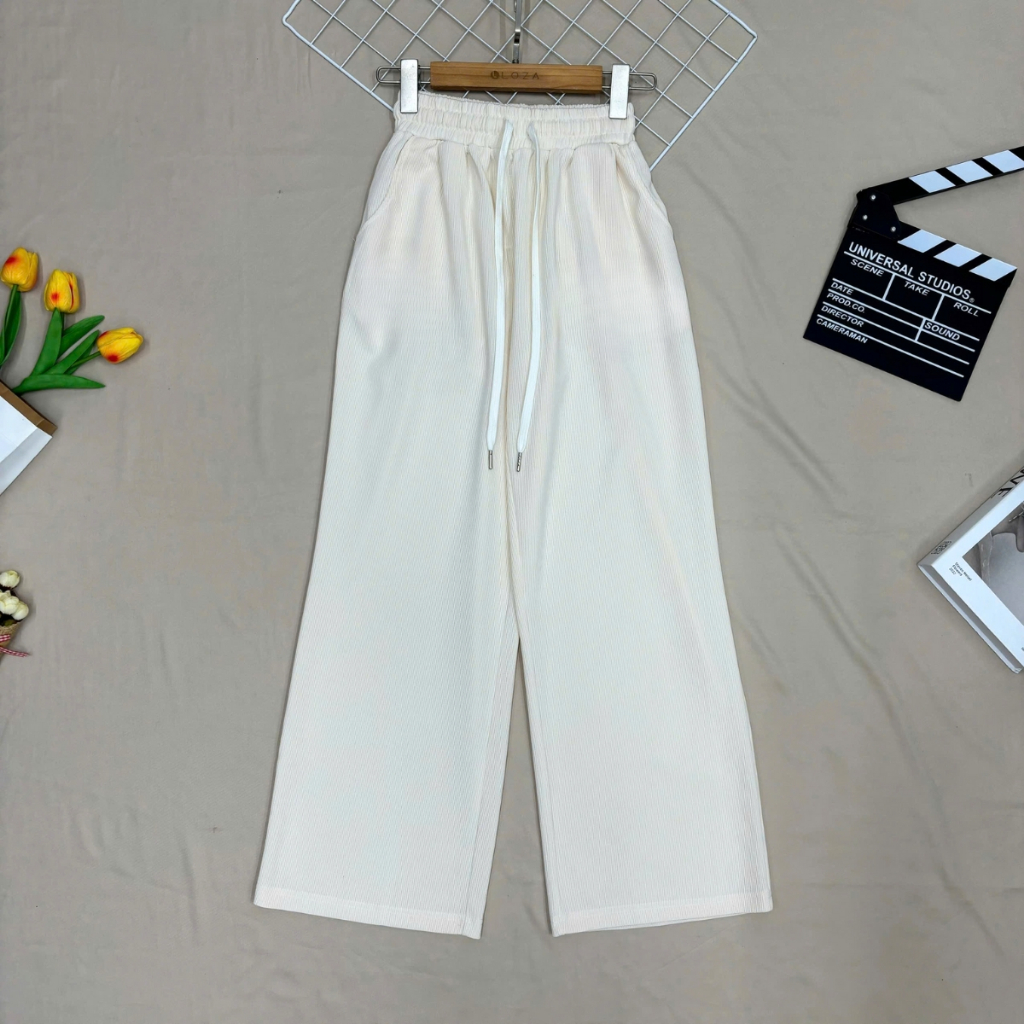 Quần ống rộng nữ LOZA vải tăm ong dày dặn cạp cao co giãn có dây rút culottes dáng thụng -LQ094214_thumbnail_2