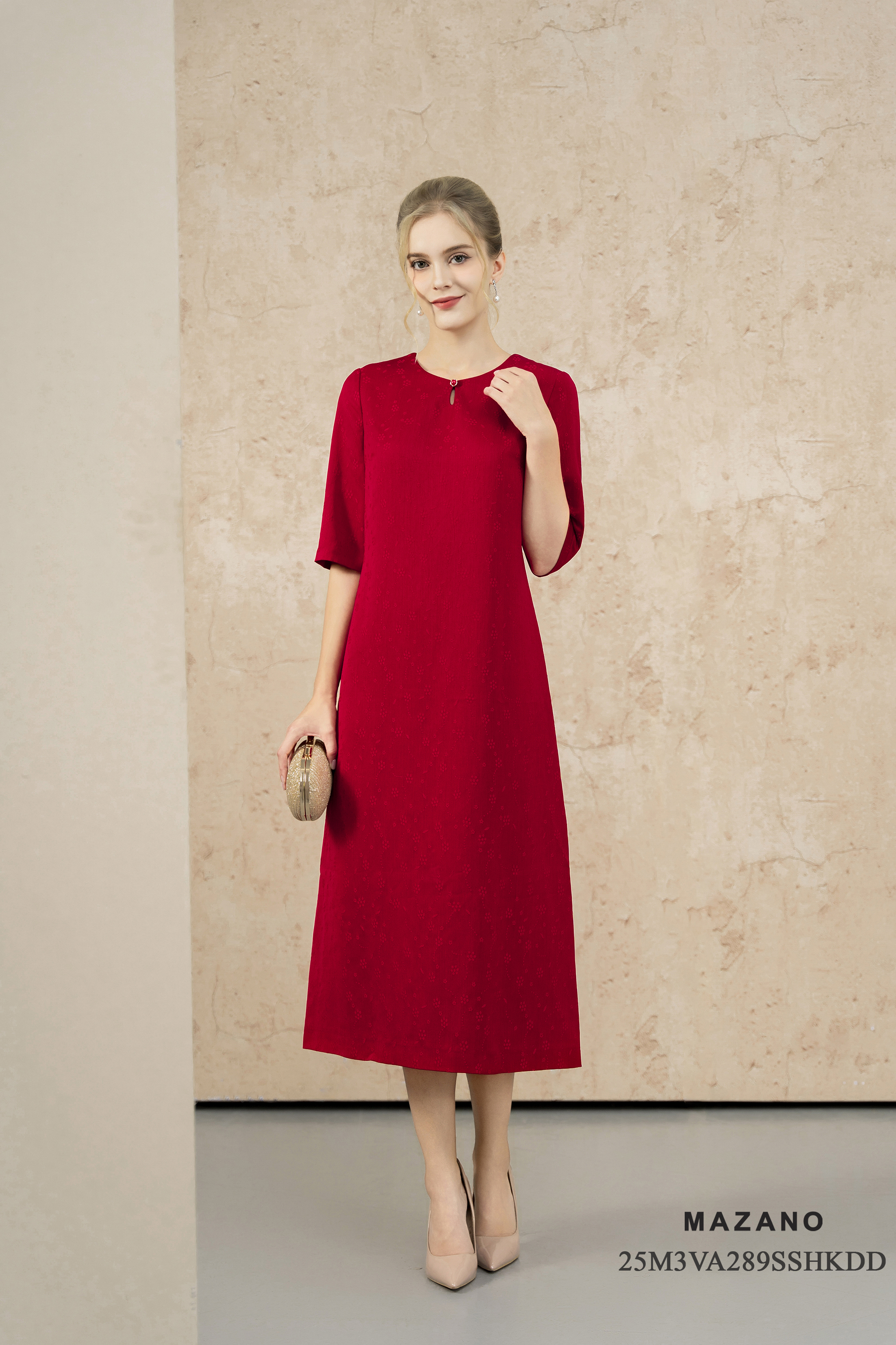 Váy Đầm Suông A Vải lụa Hoạ tiết hoa nhí in chìm Cổ tròn Tay lỡ Dài qua bắp chân