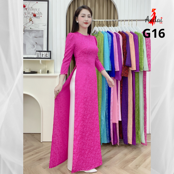 G16 Áo dài Gấm tơ tằm màu hồng sen cổ tròn tay bồng đính hạt