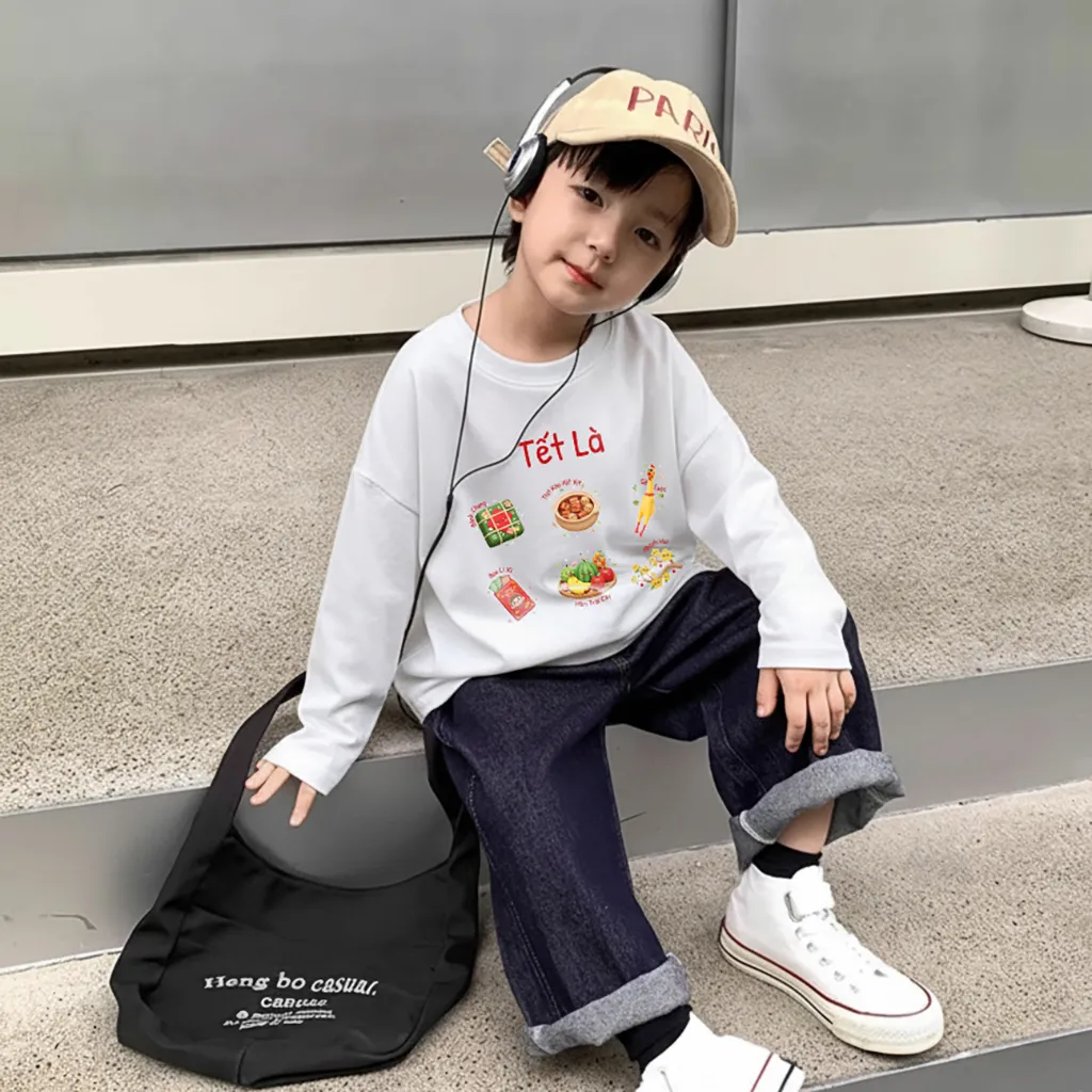 Áo thun kid tay dài form rộng Kado vải cotton thoáng mát mềm mại Tết đến bé vui in mix 2921_thumbnail_3