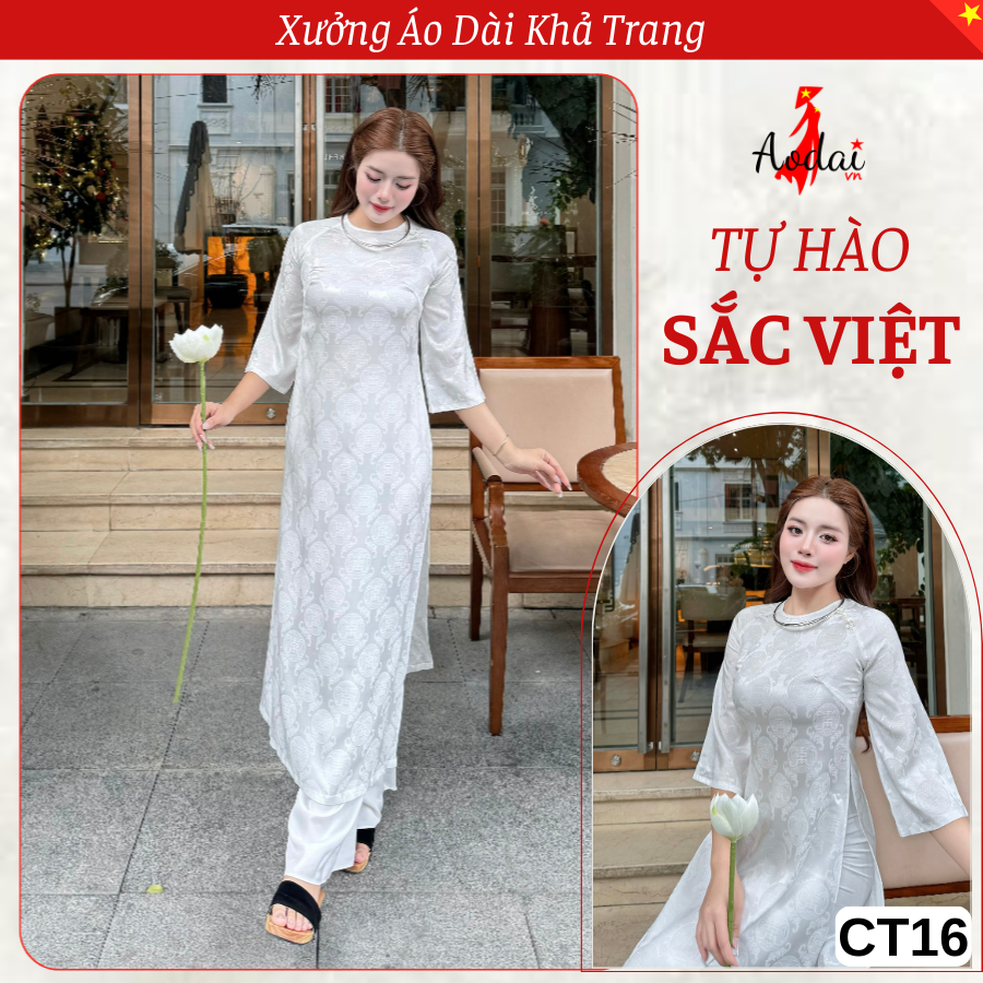 Bộ CT16 Áo Dài Gấm Dáng Suông Thọ Rơi màu Trắng Cổ Tròn Tay Lỡ