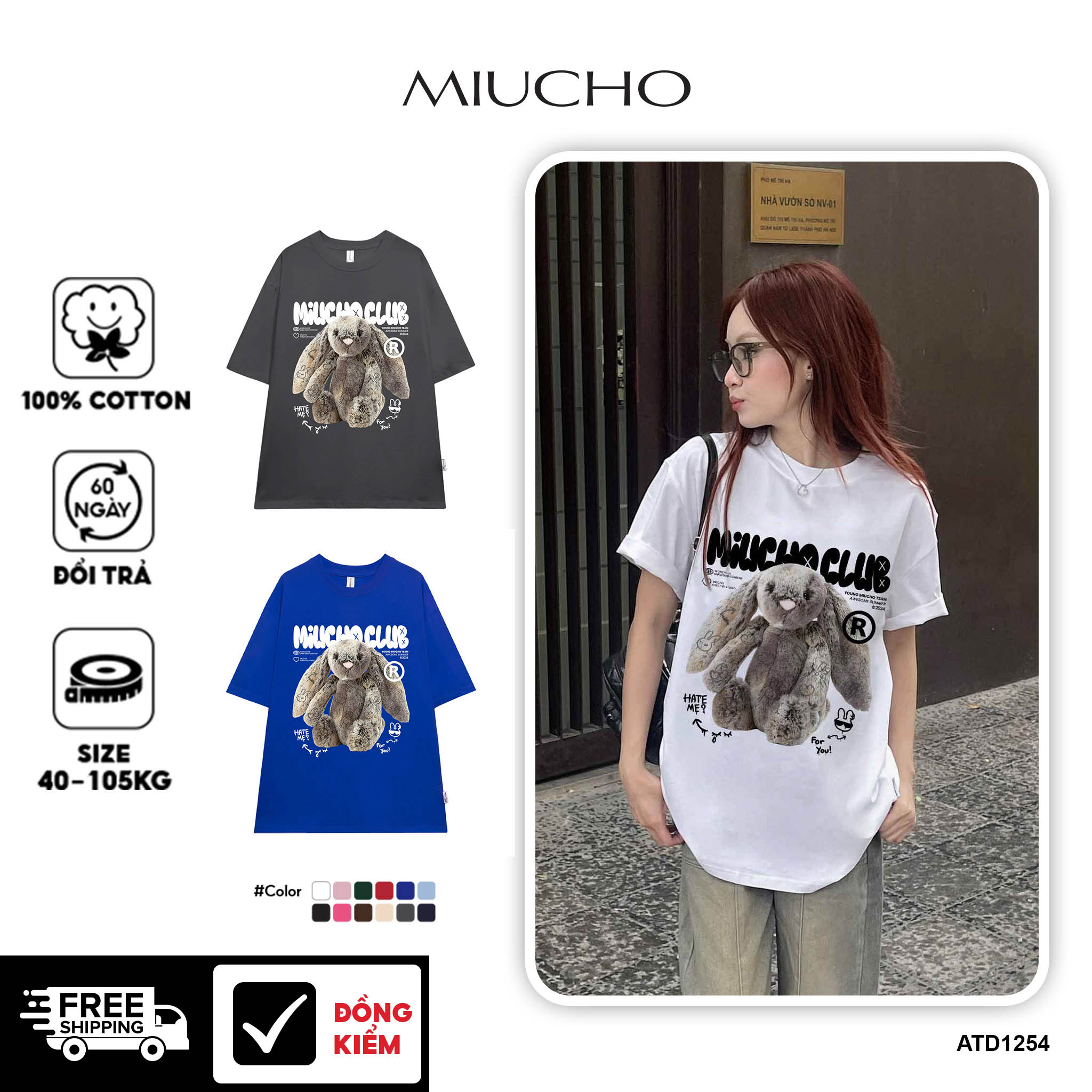 Áo thun thỏ Bunny form rộng local brand ATD1254 Miucho tay ngắn cổ tròn in mix