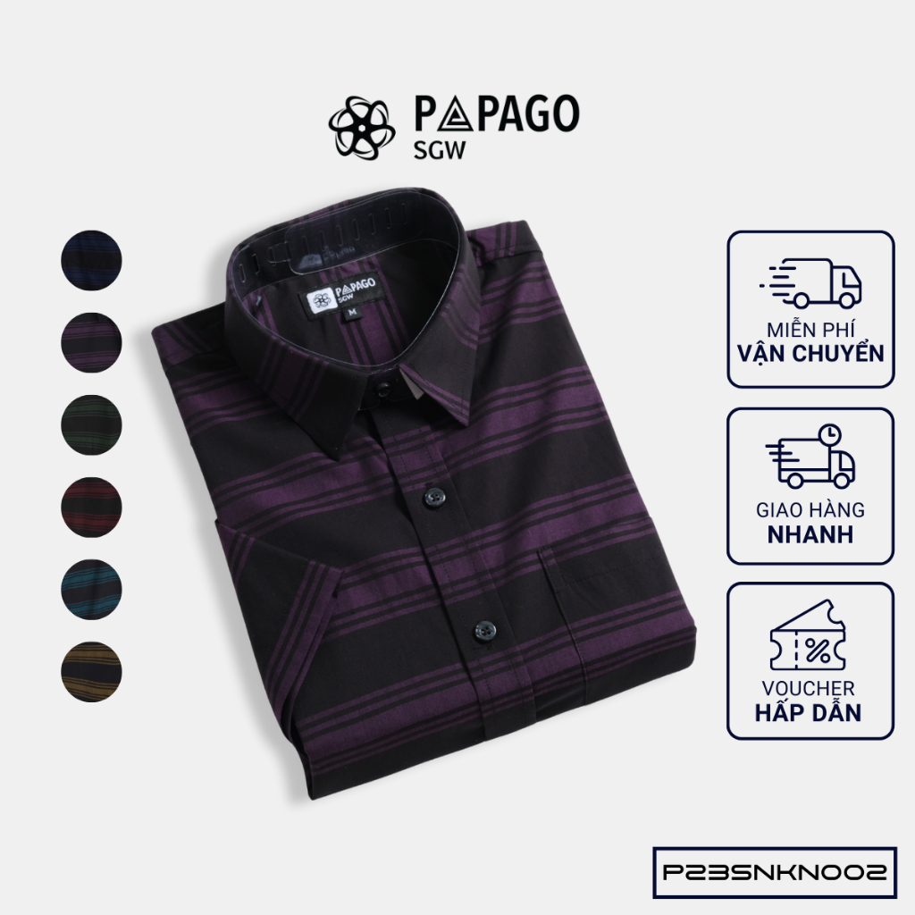 Áo sơ mi nam trung niên PAPAGO tay ngắn lai ngang vải cotton đen kẻ sọc - P23SNKN002_thumbnail_1